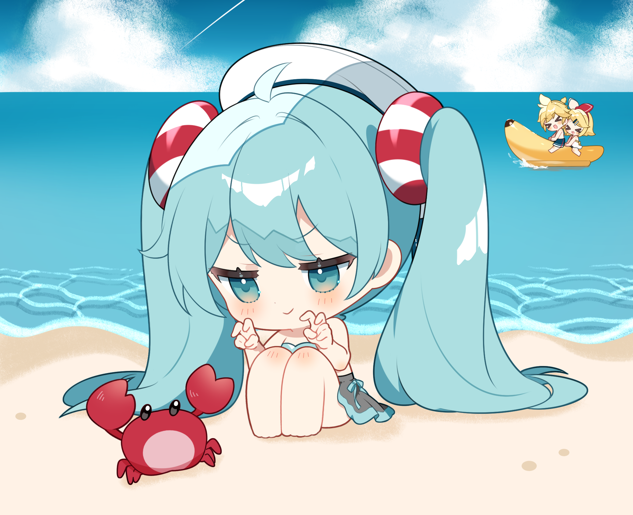yuni (irohasuiroiro), hatsune miku, kagamine len, kagamine rin, vocaloid, commentary request, highres, 1boy, 2girls, ahoge, barefoot, beach, bikini, blonde hair, blue bikini, blue eyes, blue hair, blue sky, blush, chibi, chibi only, closed mouth, cloud, crab, day, full body, hat, knees up, lifebuoy hair ornament, long hair, multiple girls, ocean, outdoors, sand, sitting, sky, smile, solo focus, swimsuit, twintails, v-shaped eyebrows, white hat