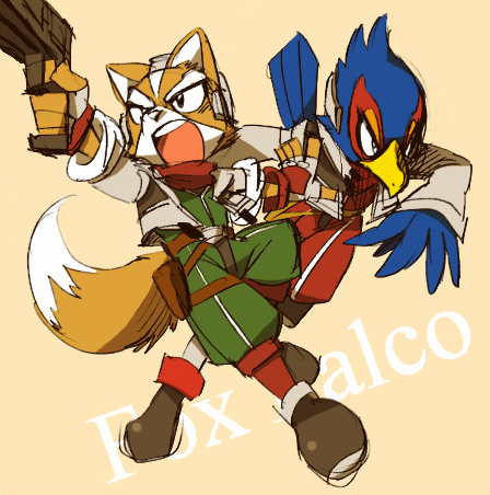 itaru souga, falco lombardi, fox mccloud, nintendo, star fox, super smash bros., lowres, md5 mismatch, resolution mismatch, source larger, animal ears, black eyes, fox ears, furry, furry male, gloves, gun, holster, tail, weapon
