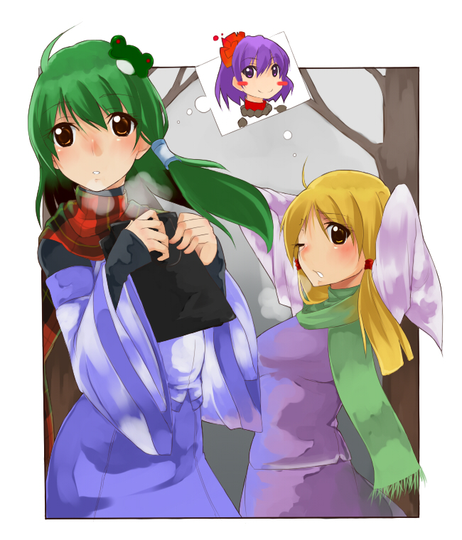 yuuki (ashitahare), kochiya sanae, moriya suwako, yasaka kanako, touhou, bad id, bad pixiv id, 2girls, female focus, multiple girls, nature, outdoors, plant, scarf, skirt, thinking, wink