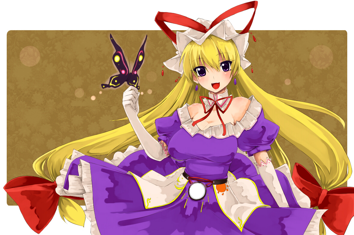 yuuki (ashitahare), yakumo yukari, touhou, bad id, bad pixiv id, 1girl, blonde hair, breasts, bug, butterfly, dress, elbow gloves, female focus, gloves, hat, long hair, ribbon, solo