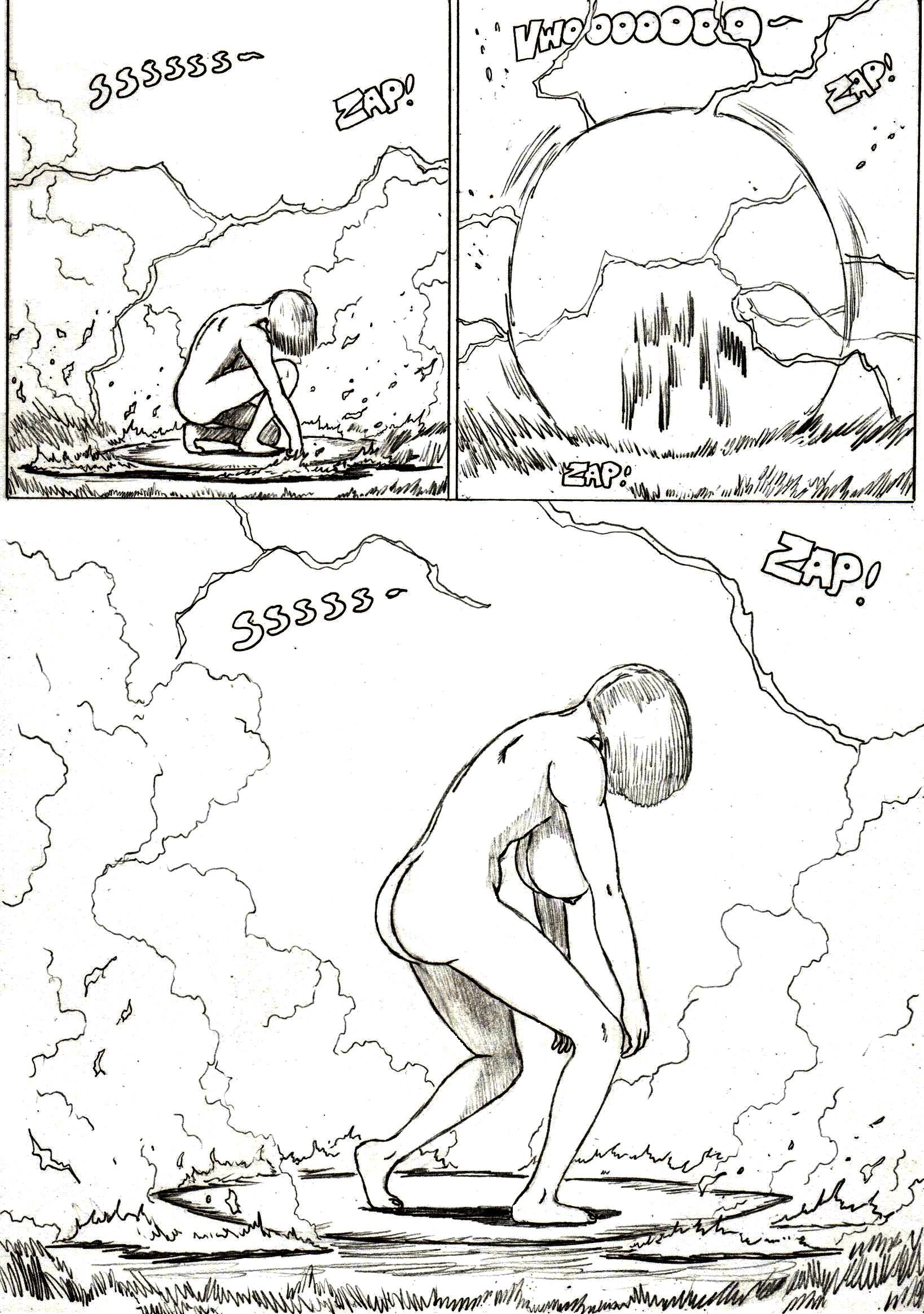 thewritefiction, android 18, dragonball z, terminator (series), highres, 1girl, alternate breast size (larger), armpit crease, ass, barefoot, blonde hair, breasts, comic, completely nude, convenient leg, curled fingers, dimples of venus, electricity, energy, exhibitionism, feet, female focus, fire, from side, full body, hair over face, hanging breasts, heel up, kneeling, kneepits, knees, large breasts, legs, looking down, medium hair, monochrome, neck, nipples, nude, orb, outdoors, parody, public indecency, science fiction, shoulder blades, sideboob, smoke, soles, sound effects, standing, thighs, time travel, toenails, toes, underboob