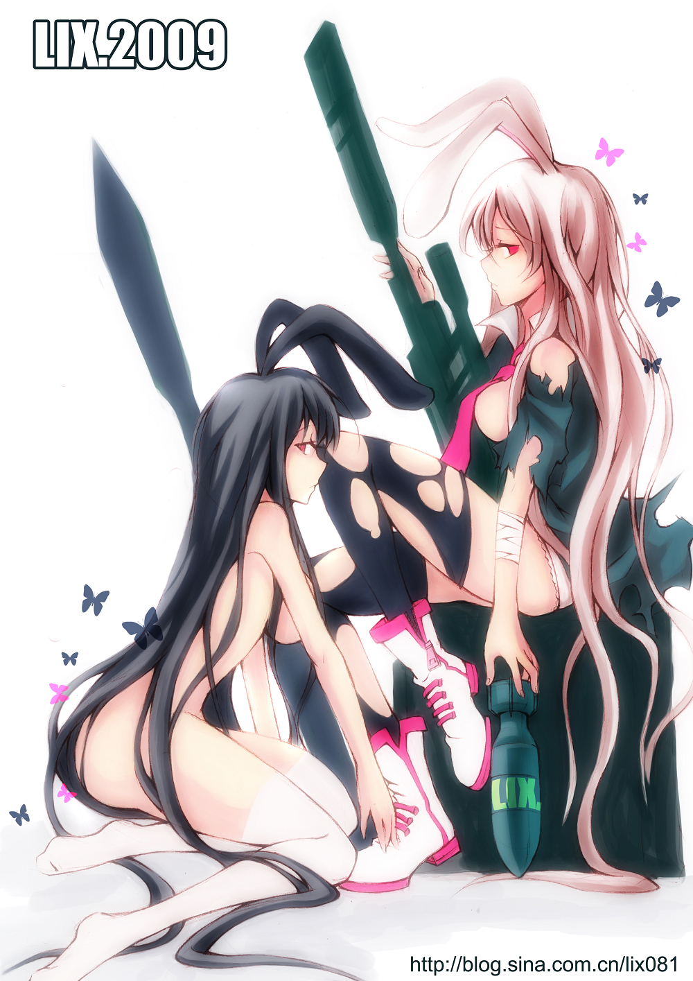 zhuxiao517, reisen udongein inaba, touhou, torn legwear, bad id, bad pixiv id, highres, 2girls, absurdly long hair, alternate color, alternate hair color, animal ears, black hair, breasts, dual persona, female focus, gun, long hair, multiple girls, necktie, nude, panties, purple hair, rabbit ears, red eyes, thighhighs, torn clothes, underwear, very long hair, weapon