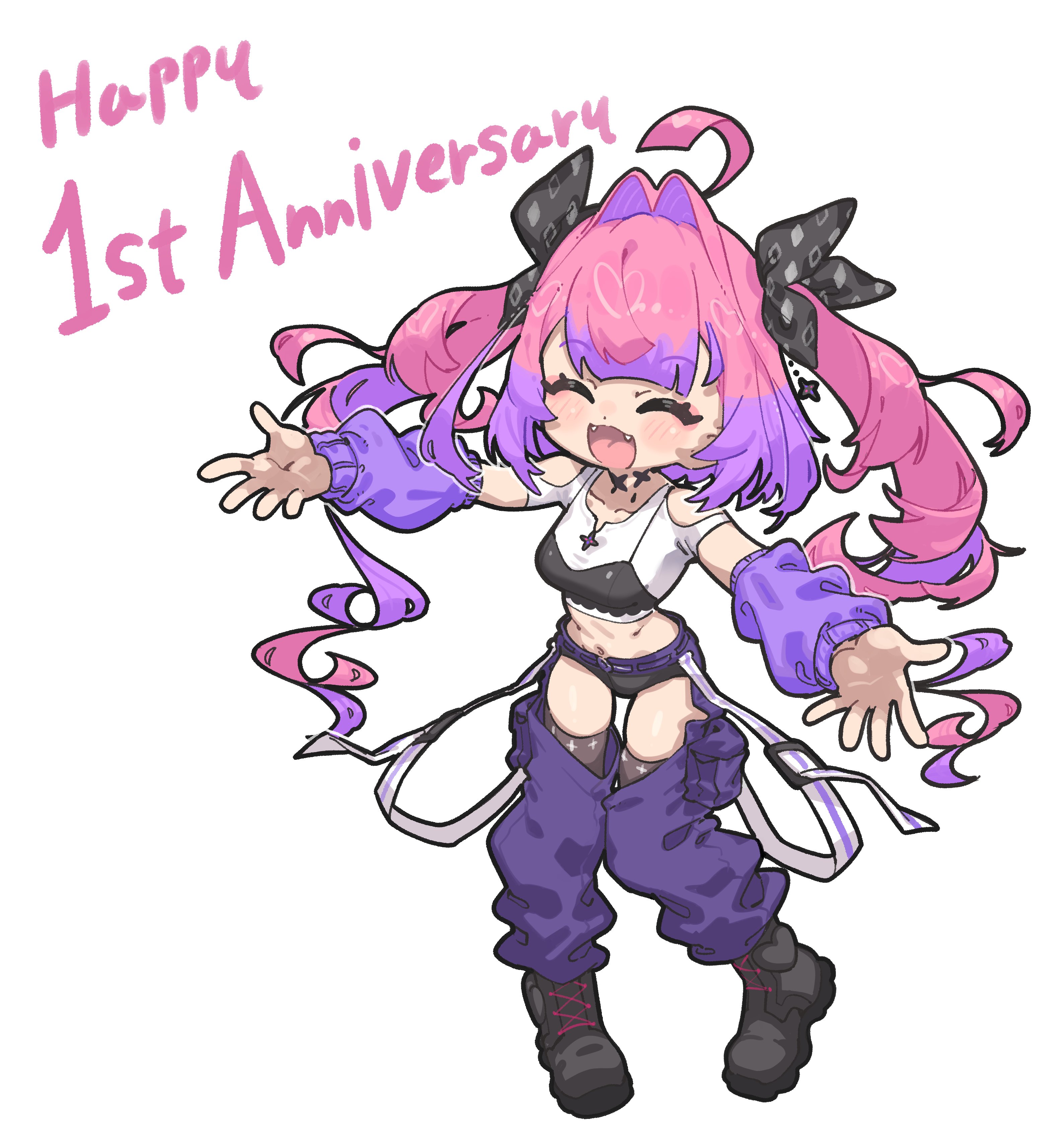 fugota6509, kikirara vivi, kikirara vivi (1st costume), hololive, hololive dev is, absurdres, highres, 1girl, ahoge, anniversary, black bow, black bra, black choker, black shoes, black thighhighs, blush, bow, bra, bra over clothes, choker, closed eyes, clothing cutout, cropped shirt, detached sleeves, diamond print, double-parted bangs, fangs, full body, hair bow, hair intakes, knees together feet apart, long hair, midriff, multicolored hair, navel, open mouth, outstretched arms, pants, pink hair, purple hair, purple pants, purple sleeves, shirt, shoes, shoulder cutout, simple background, solo, thigh cutout, thighhighs, twintails, two-tone hair, underwear, very long hair, virtual youtuber, white background, white shirt