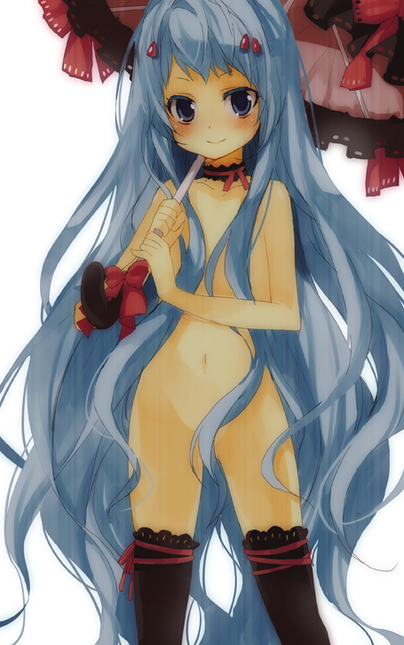 kurot, bluebell, katekyo hitman reborn!, 00s, 1girl, black thighhighs, blue eyes, blue hair, blush, censored, choker, convenient censoring, female focus, hair censor, hair over breasts, loli, long hair, matching hair/eyes, navel, nude, parasol, solo, thighhighs, umbrella, very long hair