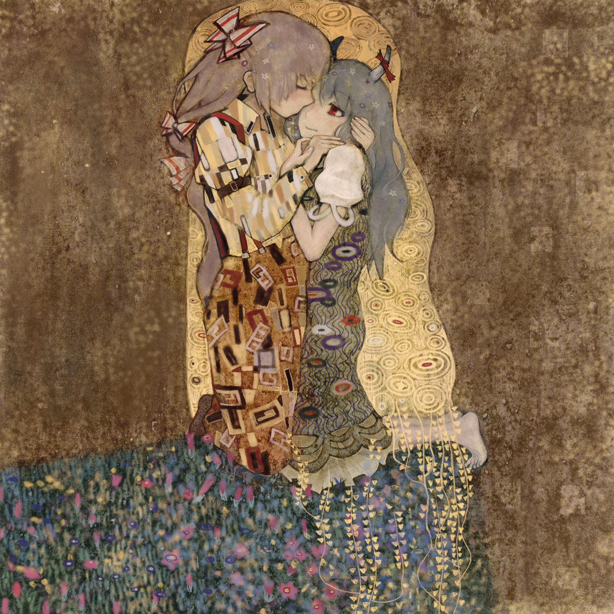 gustav klimt, madokan suzuki, ex-keine, fujiwara no mokou, kamishirasawa keine, the kiss, touhou, highres, 2girls, couple, female focus, fine art parody, gustav klimt (style), kiss, multiple girls, parody, style parody, yuri