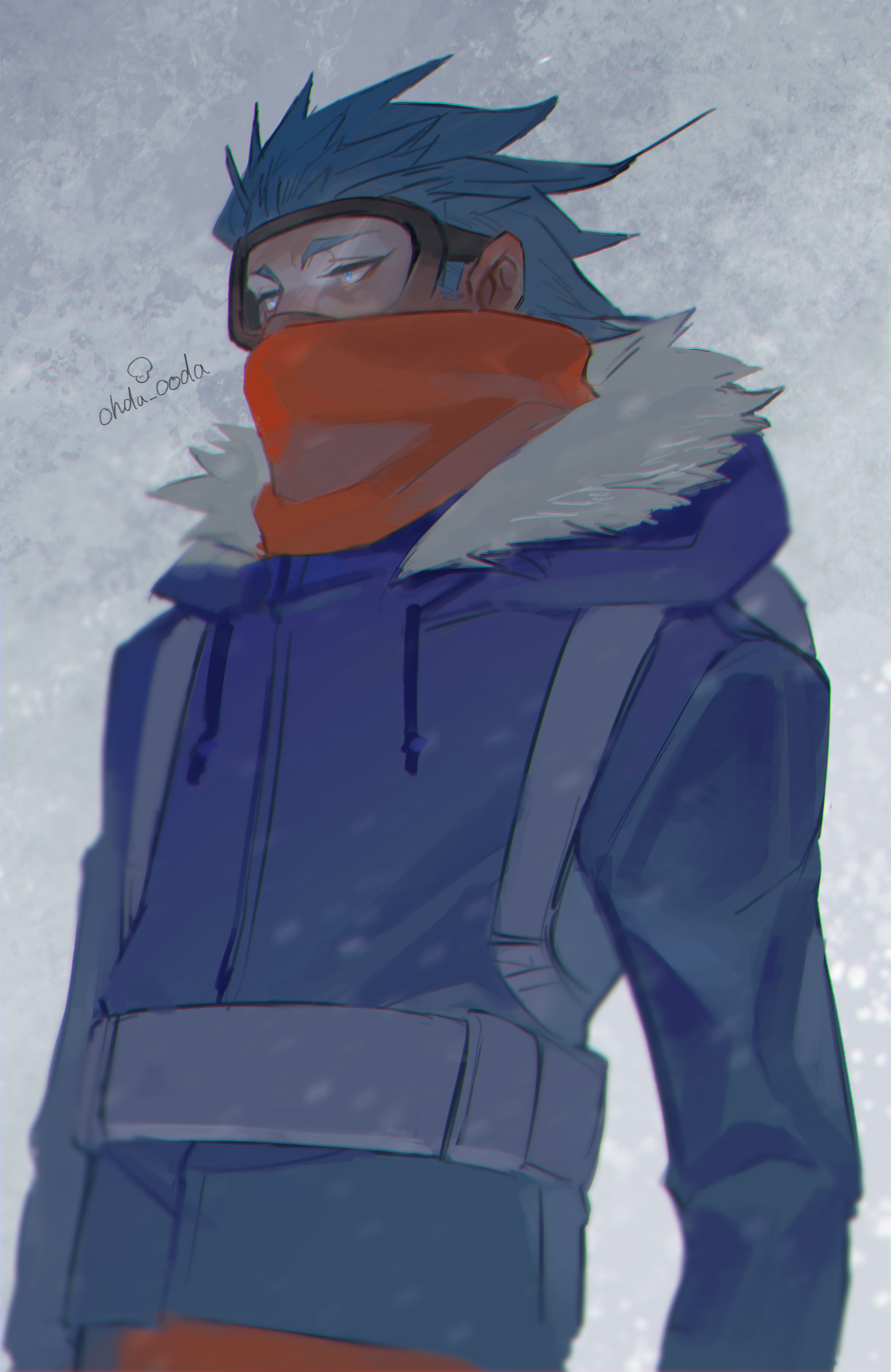 2bro., saida (ohda ooda), absurdres, commentary request, highres, 1boy, anija (2bro.), blue coat, blue hair, coat, goggles, grey background, hood, hood down, male focus, orange scarf, scarf, short hair, sideburns, signature, upper body
