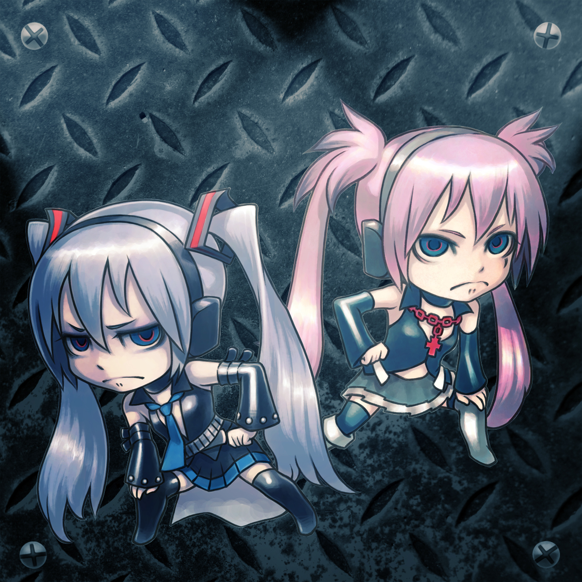 hanji (hansi), hagane miku, hatsune miku, hagane vocaloid, vocaloid, silver hair, highres, belt, chibi, collar, detached sleeves, long hair, necktie, pink hair, skirt, thighhighs, twintails, very long hair