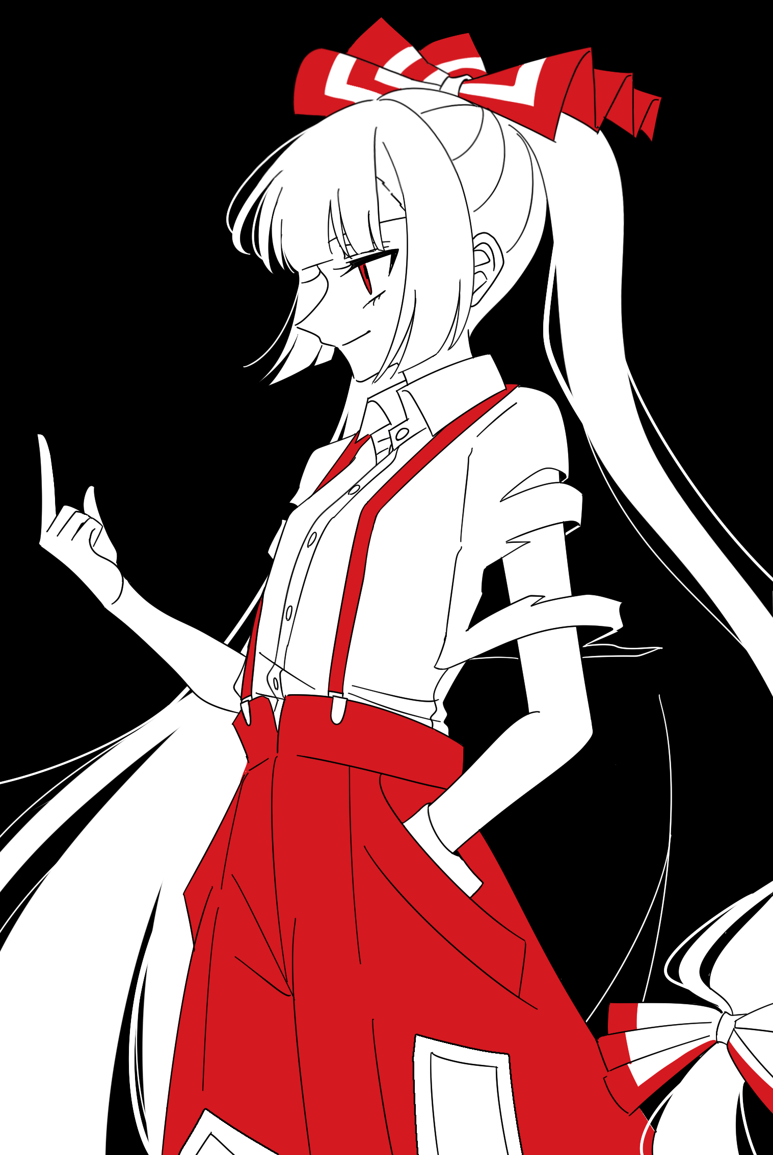 tamiko (tamik0224), fujiwara no mokou, touhou, commentary request, highres, 1girl, black background, bow, closed mouth, collared shirt, hair bow, hand in pocket, long hair, ofuda, ofuda on clothes, pants, red eyes, red pants, shirt, short sleeves, simple background, smile, solo, suspenders, torn clothes, torn sleeves, very long hair, white hair, white shirt