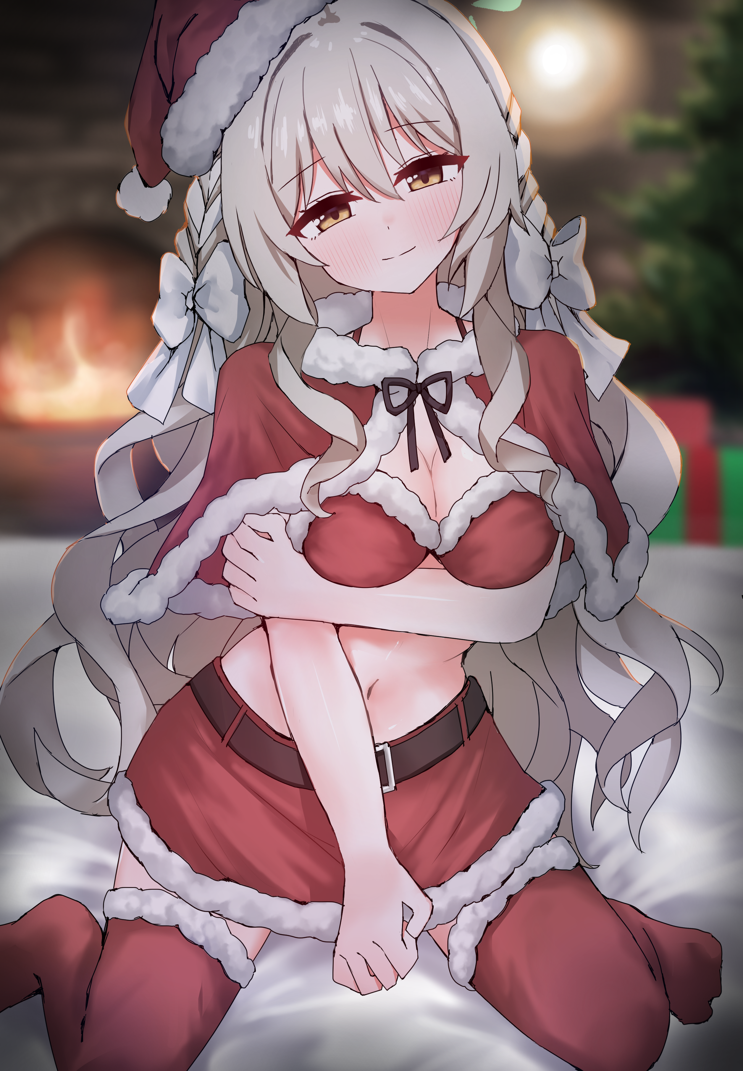pueichigo, miyo (blue archive), blue archive, absurdres, commentary request, highres, paid reward available, 1girl, arm under breasts, bed sheet, bikini, bikini under clothes, blurry, blurry background, bow, braid, breasts, capelet, christmas tree, fireplace, fur-trimmed capelet, fur-trimmed headwear, fur trim, grey hair, hair bow, hair ribbon, hat, indoors, long hair, looking at viewer, medium breasts, navel, red bikini, red capelet, red hat, red skirt, red thighhighs, ribbon, ribbon braid, santa costume, santa hat, sitting, skirt, solo, stomach, swimsuit, thighhighs, very long hair, wariza, white bow, white ribbon