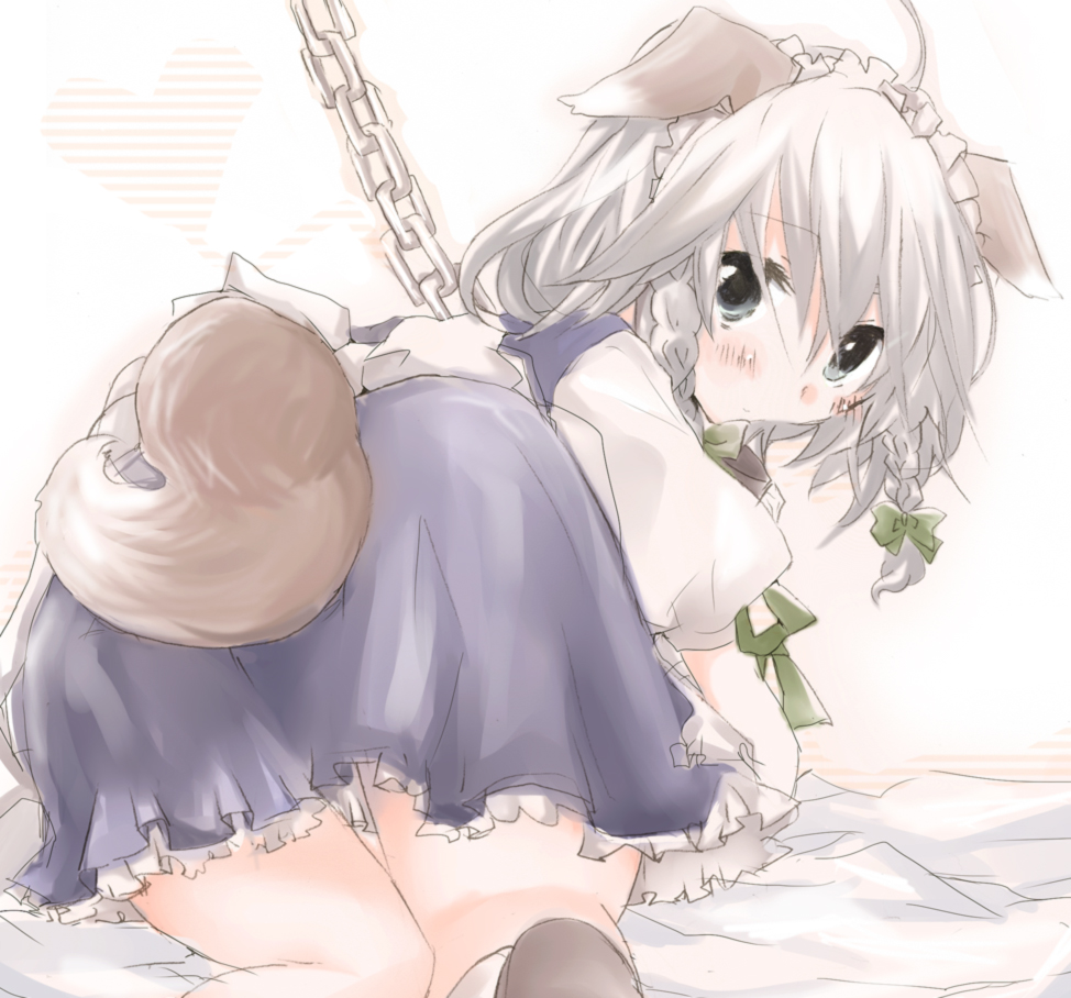 poprication, inu sakuya (nejikirio), izayoi sakuya, touhou, silver hair, bad id, bad pixiv id, 1girl, ahoge, animal ears, blue eyes, braid, chain, collar, dog ears, dog tail, female focus, kemonomimi mode, leash, maid, popri, short hair, solo, tail, twin braids