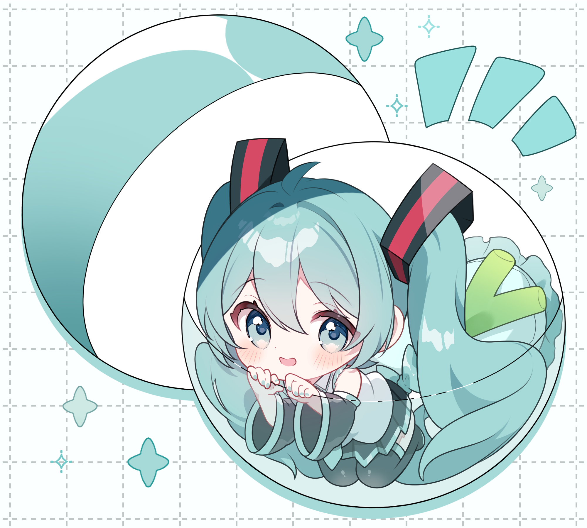 yuni (irohasuiroiro), hatsune miku, vocaloid, commentary request, highres, 1girl, :d, bare shoulders, black boots, black skirt, black sleeves, blue eyes, blue hair, blush, boots, collared shirt, detached sleeves, double-parted bangs, full body, gashapon, grey shirt, grid background, hair between eyes, long hair, long sleeves, looking at viewer, miniskirt, open mouth, pleated skirt, shirt, skirt, sleeveless, sleeveless shirt, smile, solo, spring onion, thigh boots, twintails, very long hair, white background, wide sleeves