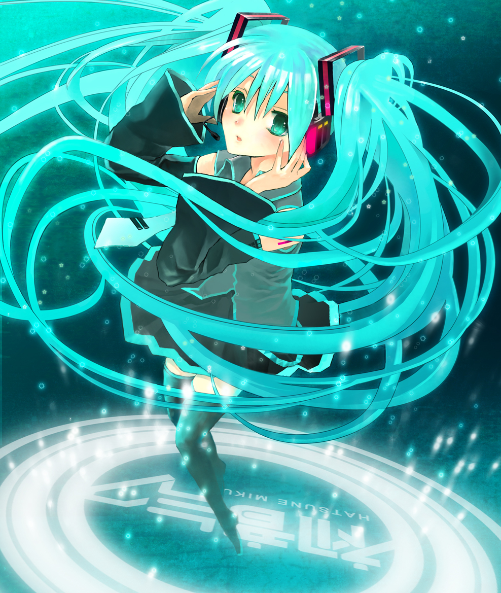 machi555, hatsune miku, vocaloid, 1girl, aqua eyes, aqua hair, detached sleeves, female focus, full body, headset, long hair, necktie, skirt, solo, thighhighs, twintails, very long hair