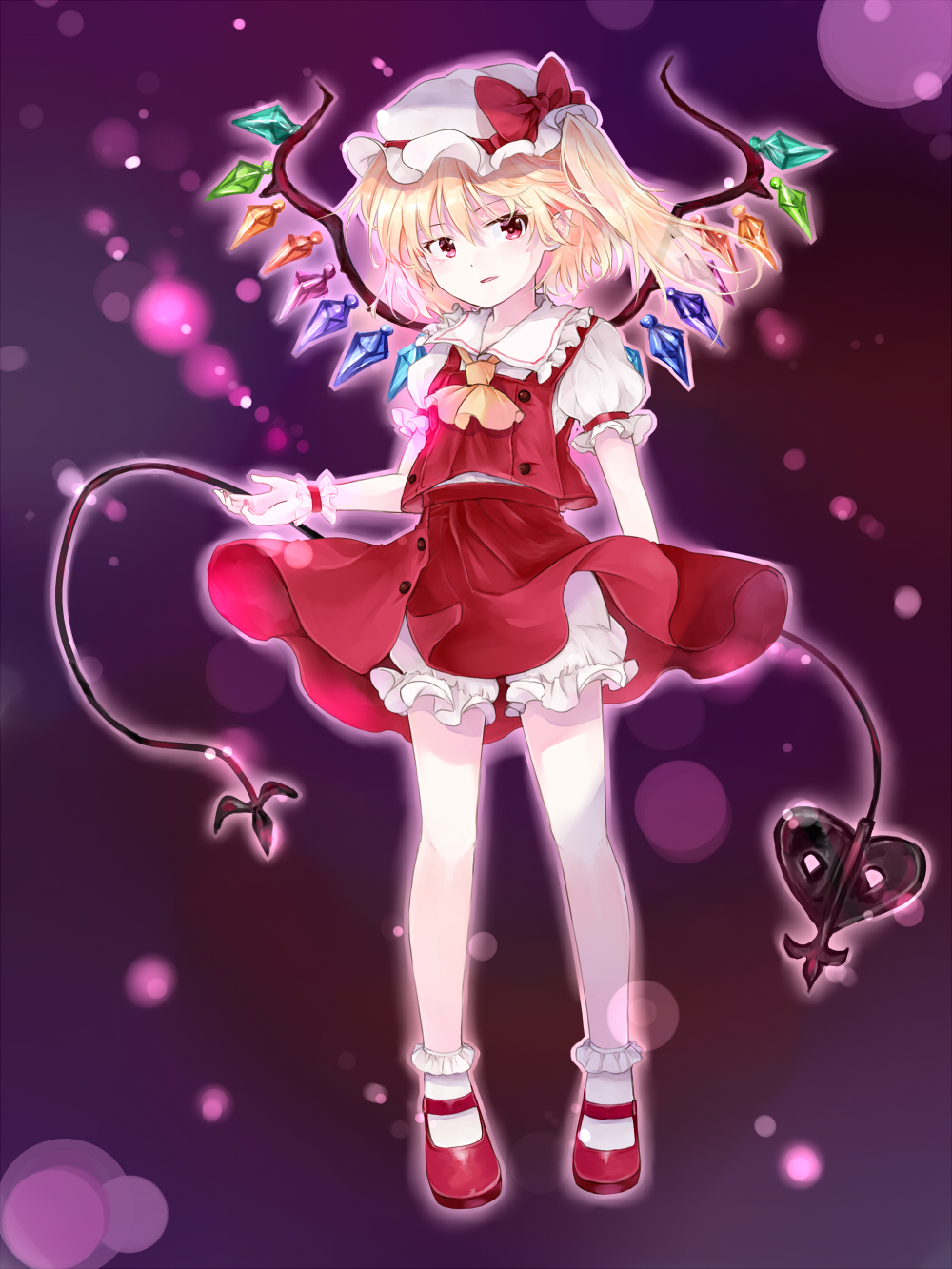 minatsuki yurara, flandre scarlet, touhou, commentary request, highres, 1girl, ascot, blonde hair, bloomers, clothes lift, collared shirt, crystal, crystal wings, frilled shirt collar, frills, full body, hat, laevatein (touhou), looking at viewer, mary janes, mob cap, multicolored wings, one side up, open mouth, pointy ears, red eyes, red shoes, red skirt, red vest, shirt, shoes, skirt, skirt lift, skirt set, socks, solo, underwear, vest, white bloomers, white hat, white socks, wind, wind lift, wings, wrist cuffs, yellow ascot