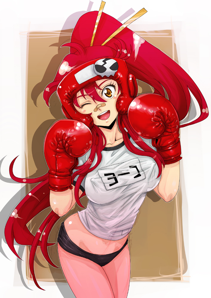boyaking, yoko littner, tengen toppa gurren lagann, 00s, 1girl, :d, bandages, bandaid, bandaid on face, bandaid on nose, boxing gloves, boxing headgear, breasts, covered erect nipples, female focus, gym uniform, large breasts, long hair, midriff, name tag, one eye closed, open mouth, ponytail, red hair, smile, solo, very long hair, wink, yellow eyes