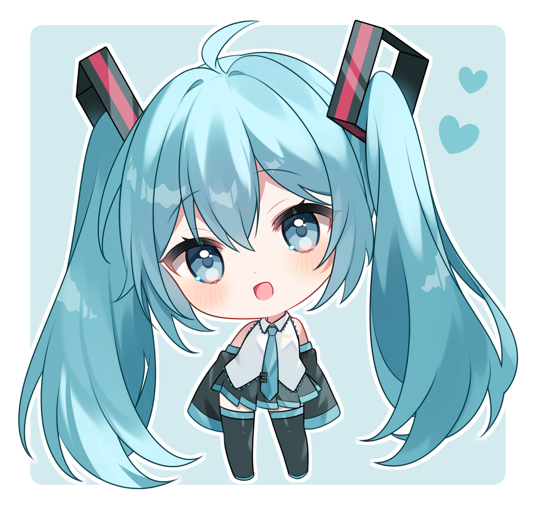 yuni (irohasuiroiro), hatsune miku, vocaloid, commentary request, highres, 1girl, :d, ahoge, bare shoulders, black boots, black skirt, black sleeves, blue background, blue eyes, blue hair, blue necktie, blush, boots, border, chibi, chibi only, collared shirt, detached sleeves, double-parted bangs, full body, hair between eyes, heart, long hair, long sleeves, looking at viewer, necktie, open mouth, outline, outside border, pleated skirt, shirt, sidelocks, simple background, skirt, sleeveless, sleeveless shirt, smile, solo, standing, thigh boots, tie clip, twintails, very long hair, white border, white outline, white shirt
