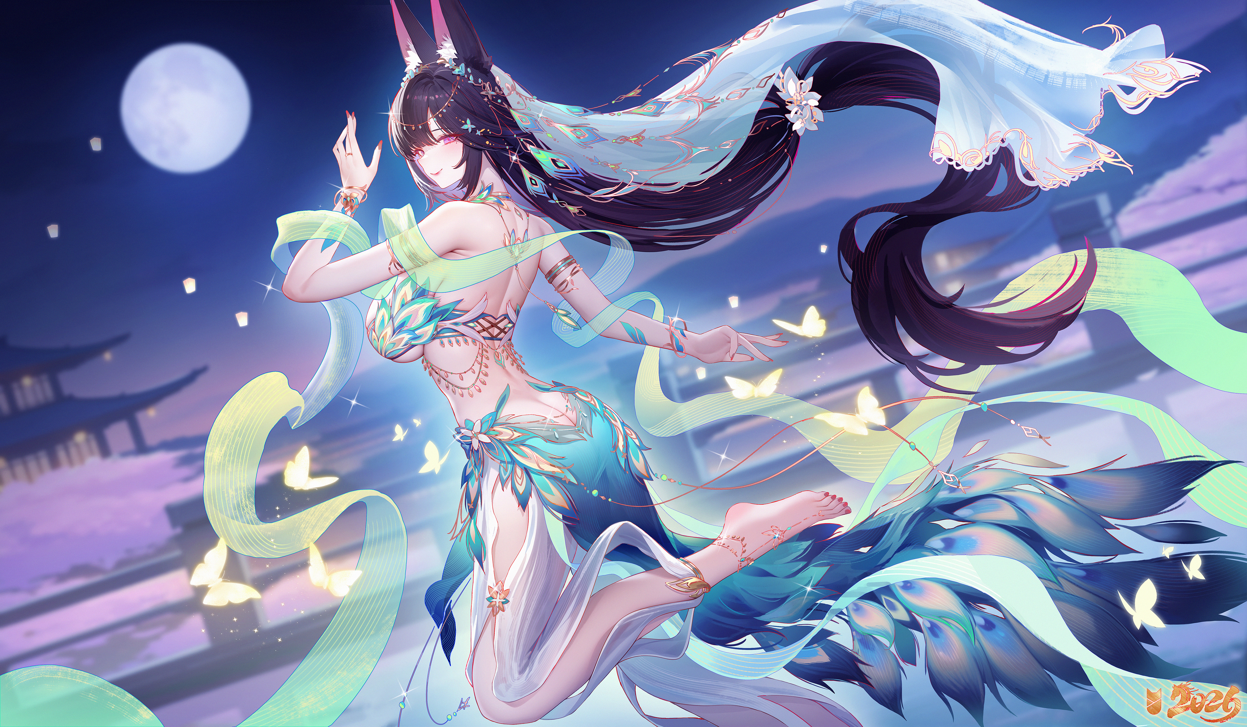 jianshu, original, absurdres, chinese commentary, commentary request, highres, 1girl, animal ear fluff, bare shoulders, barefoot, black hair, breasts, closed mouth, feet, from side, hand up, large breasts, long hair, median furrow, moon, night, smile, solo, toes