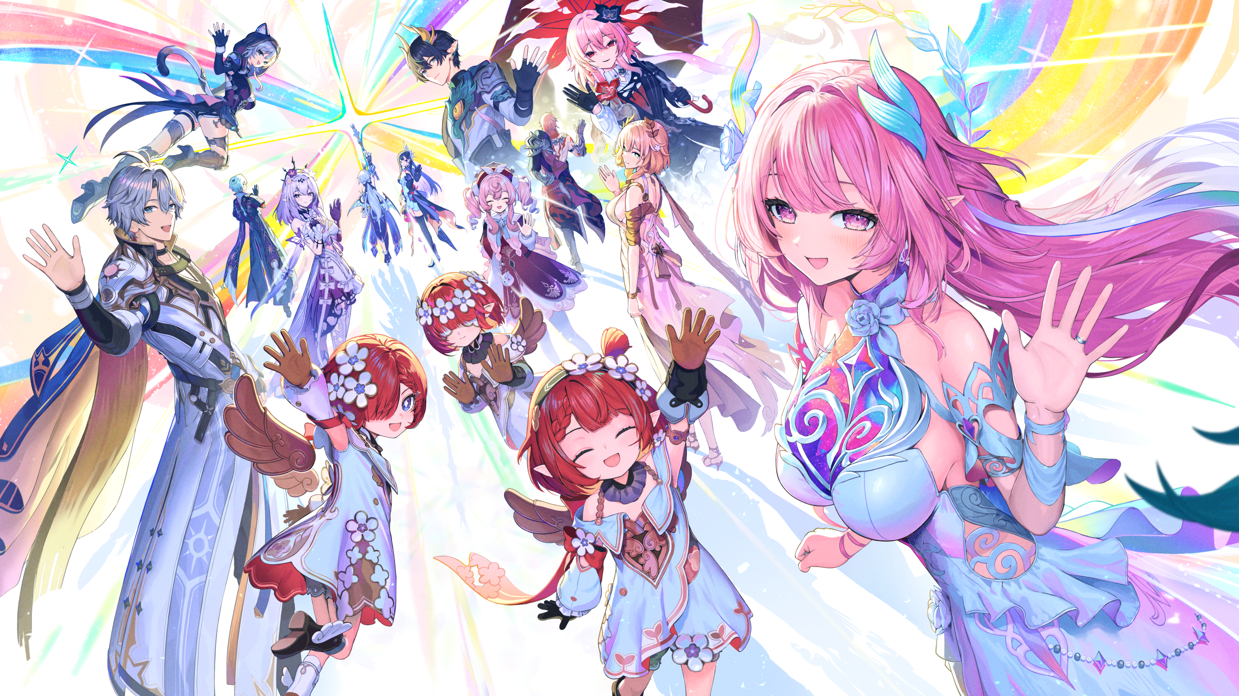 pi (p77777778), anaxa (honkai: star rail), castorice (honkai: star rail), cerydra (honkai: star rail), cipher (honkai: star rail), cyrene (demiurge) (honkai: star rail), cyrene (honkai: star rail), dan heng (honkai: star rail), dan heng (permansor terrae) (honkai: star rail), evernight (honkai: star rail), hyacine (honkai: star rail), hysilens (honkai: star rail), march 7th (honkai: star rail), mydei (honkai: star rail), phainon (honkai: star rail), trianne (honkai: star rail), tribbie (honkai: star rail), trinnon (honkai: star rail), honkai: star rail, honkai (series), commentary request, highres, 4boys, 6+girls, animal ears, aqua hair, black leotard, blonde hair, blue eyes, breasts, cat ears, cat girl, cat tail, chrysos heirs (honkai: star rail), coat, diamond-shaped pupils, diamond (shape), dragon boy, dragon horns, dress, flower, grey hair, hair flower, hair ornament, halo, head wreath, holding, holding umbrella, horns, large breasts, leotard, long hair, looking at viewer, multiple boys, multiple girls, pink hair, pointy ears, purple eyes, purple hair, red hair, short hair, smile, symbol-shaped pupils, tail, umbrella, very long hair, white coat, white dress, white hair