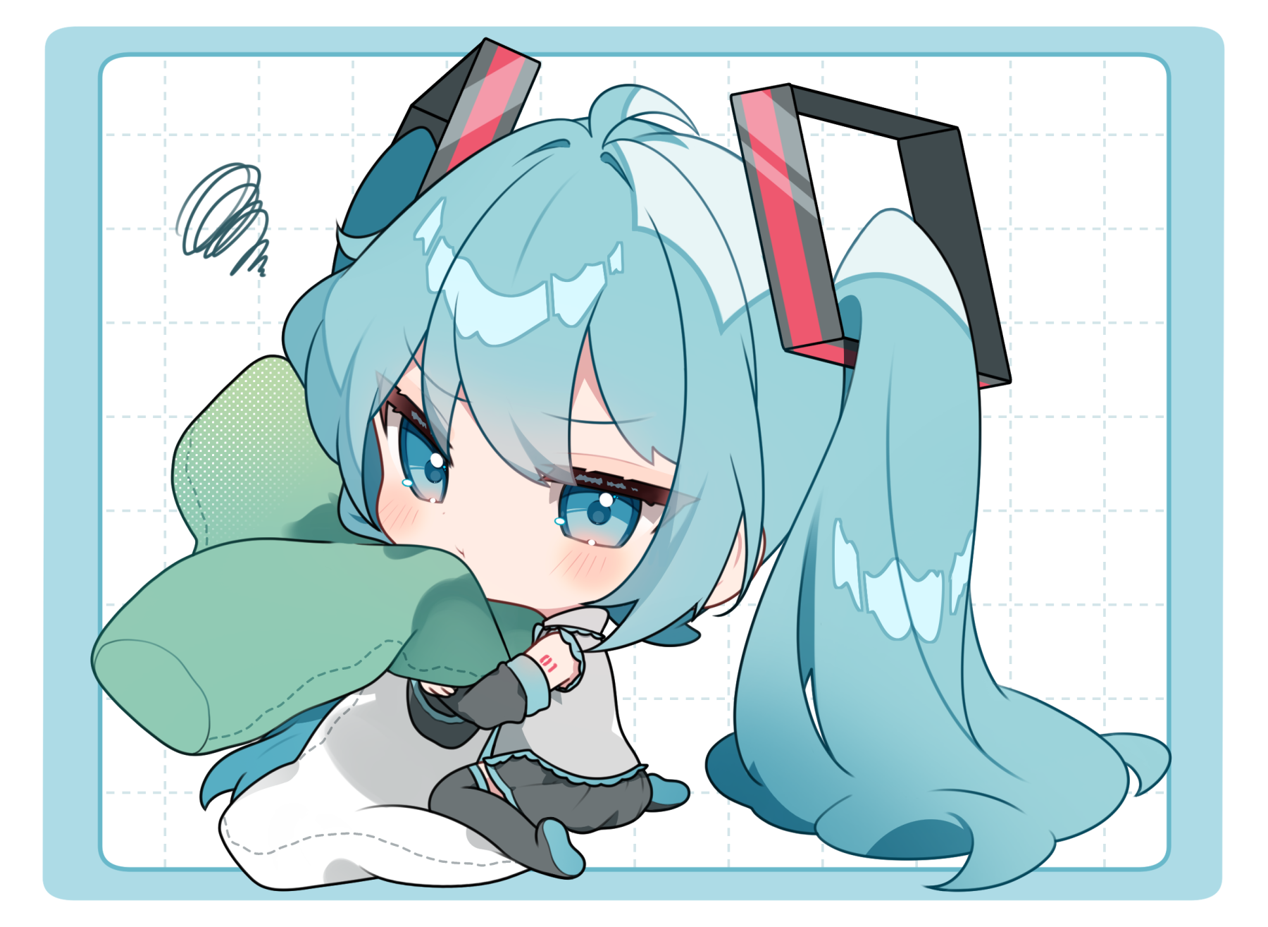 yuni (irohasuiroiro), hatsune miku, vocaloid, commentary request, highres, 1girl, ahoge, bare shoulders, black boots, black skirt, black sleeves, blue border, blue eyes, blue hair, blush, boots, border, chibi, chibi only, closed mouth, collared shirt, detached sleeves, full body, grey shirt, grid background, hair intakes, long hair, long sleeves, miniskirt, number tattoo, outside border, pleated skirt, shirt, shoulder tattoo, sidelocks, sitting, skirt, sleeveless, sleeveless shirt, solo, spring onion, squiggle, stuffed toy, tattoo, thigh boots, twintails, very long hair, wariza, white background