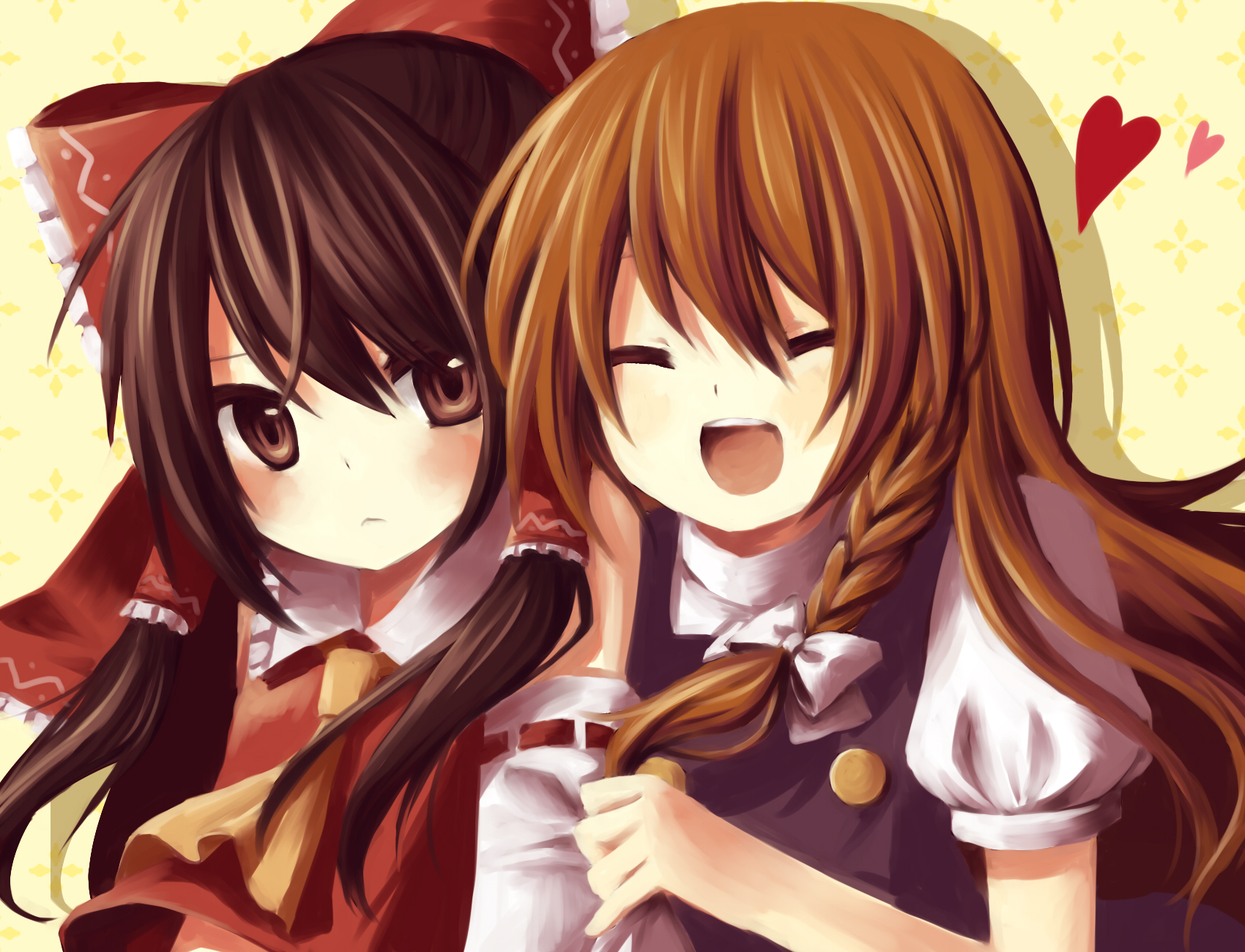 amane kurumi, hakurei reimu, kirisame marisa, touhou, highres, 2girls, :<, ^ ^, alternate hair color, blonde hair, blush, bow, brown hair, closed eyes, detached sleeves, female focus, hair bow, happy, heart, japanese clothes, laughing, miko, multiple girls, no headwear, ribbon
