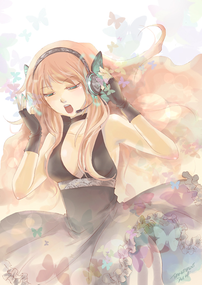 touming tomei, megurine luka, magnet (vocaloid), vocaloid, bad id, bad pixiv id, 1girl, blue eyes, bug, butterfly, butterfly hair ornament, choker, dress, female focus, fingerless gloves, gloves, hair ornament, headset, insect, long hair, pink hair, solo, very long hair