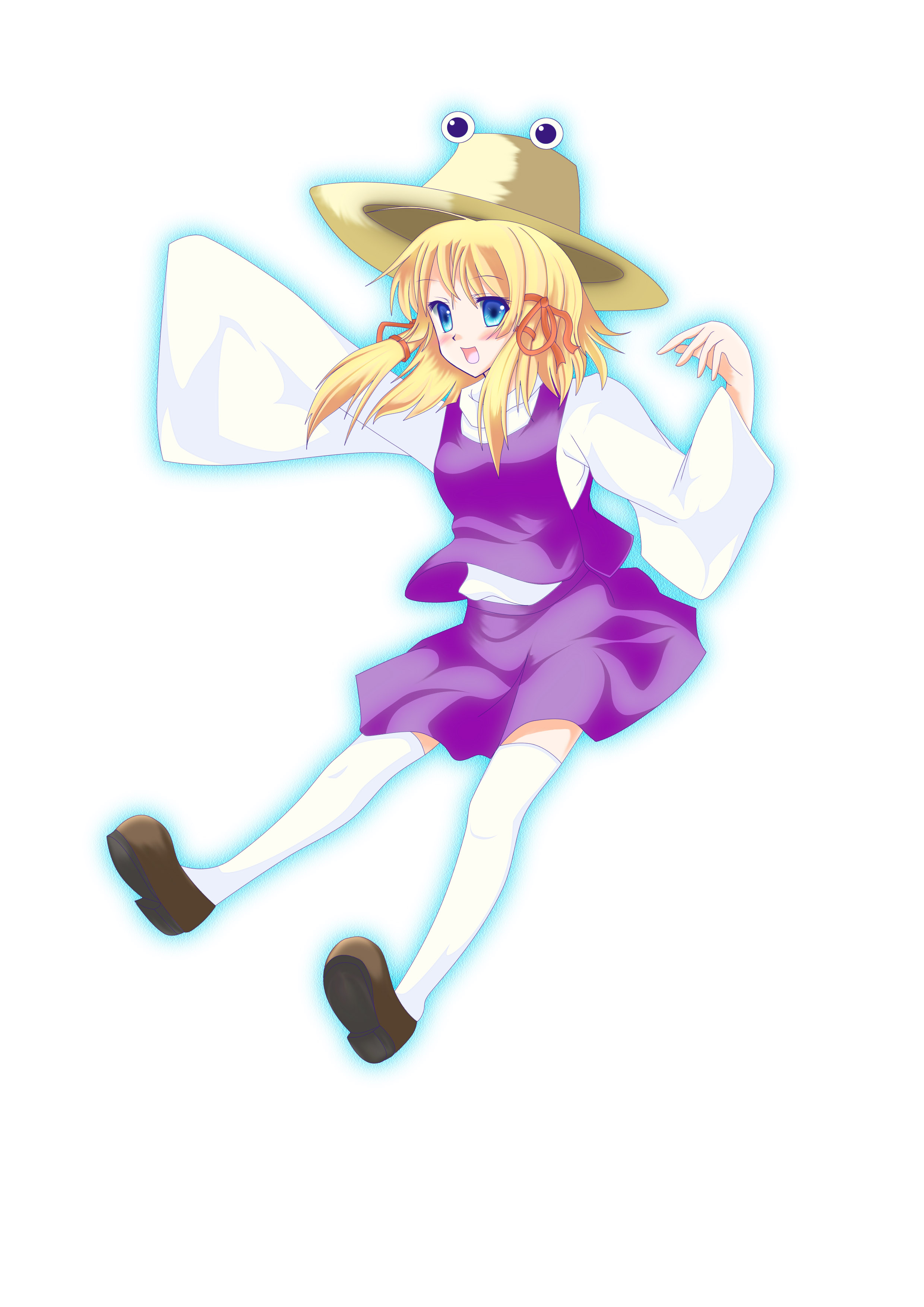 moriya suwako, touhou, absurdres, bad id, bad pixiv id, highres, 1girl, blonde hair, blue eyes, female focus, flat chest, full body, gradient background, hair ribbon, hat, mary janes, ribbon, shoes, short hair, solo, thighhighs, white background, white thighhighs, zettai ryouiki