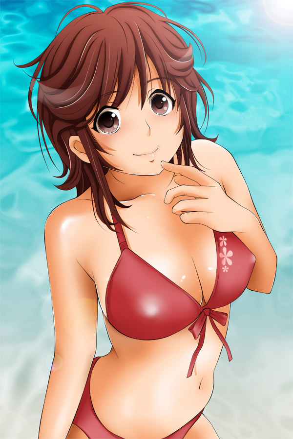 kishida-shiki, sakurai rihoko, amagami, 1girl, bikini, breasts, brown eyes, brown hair, cleavage, covered erect nipples, female focus, front-tie top, large breasts, lens flare, looking at viewer, navel, ocean, red bikini, shiny skin, short hair, smile, solo, swimsuit