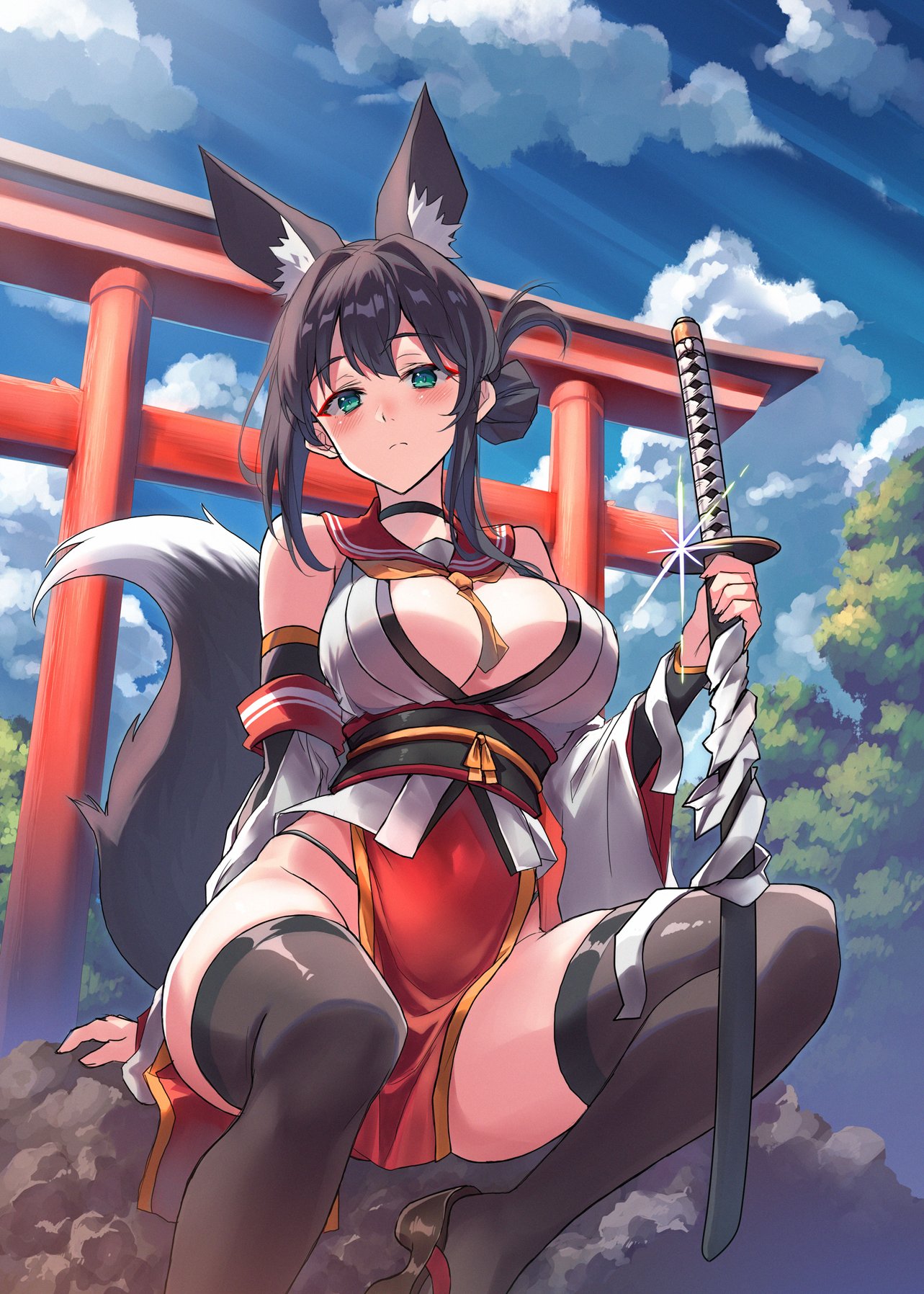 sawaya (mizukazu), original, highres, 1girl, animal ear fluff, animal ears, black choker, brown thighhighs, choker, detached sleeves, extra ears, fox ears, fox tail, green eyes, hair bun, holding, holding sword, holding weapon, neckerchief, obi, on rock, pelvic curtain, red sailor collar, sailor collar, sash, sheath, sheathed, sidelocks, single hair bun, sitting, sky, solo, sparkle, sword, tail, thighhighs, torii, weapon, white sleeves, yellow neckerchief