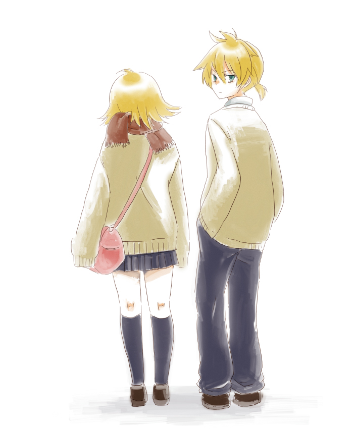 mirai (kiichigo3), kagamine len, kagamine rin, vocaloid, bad id, bad pixiv id, 1boy, 1girl, ass, blonde hair, brother and sister, looking back, school uniform, short hair, siblings, skirt, sweater, twins