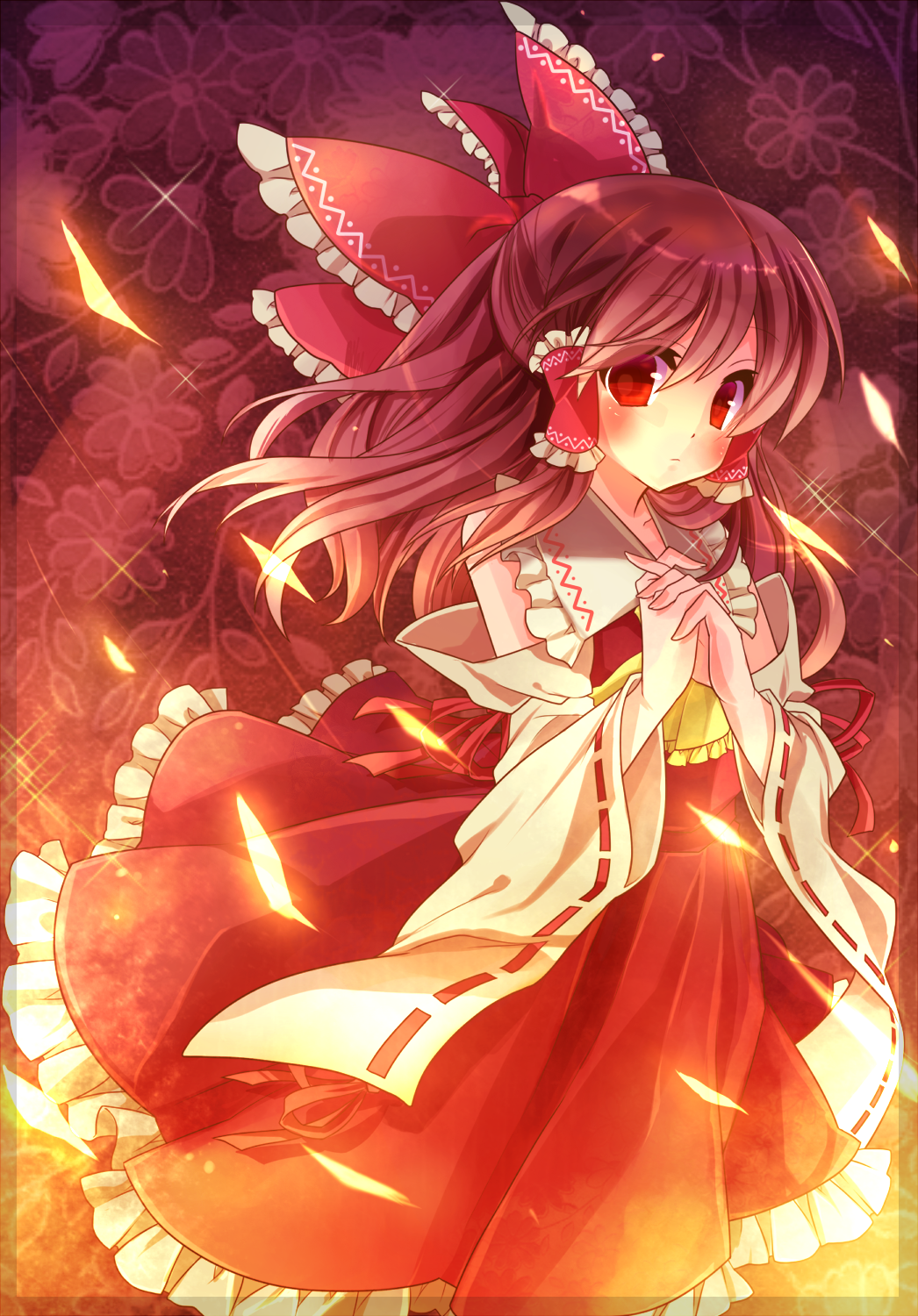masaru.jp, sahana ito, hakurei reimu, touhou, bad id, bad pixiv id, colorized, highres, 1girl, ascot, blush, bow, brown hair, detached sleeves, female focus, hair bow, half updo, japanese clothes, miko, own hands clasped, own hands together, red eyes, solo, yellow ascot