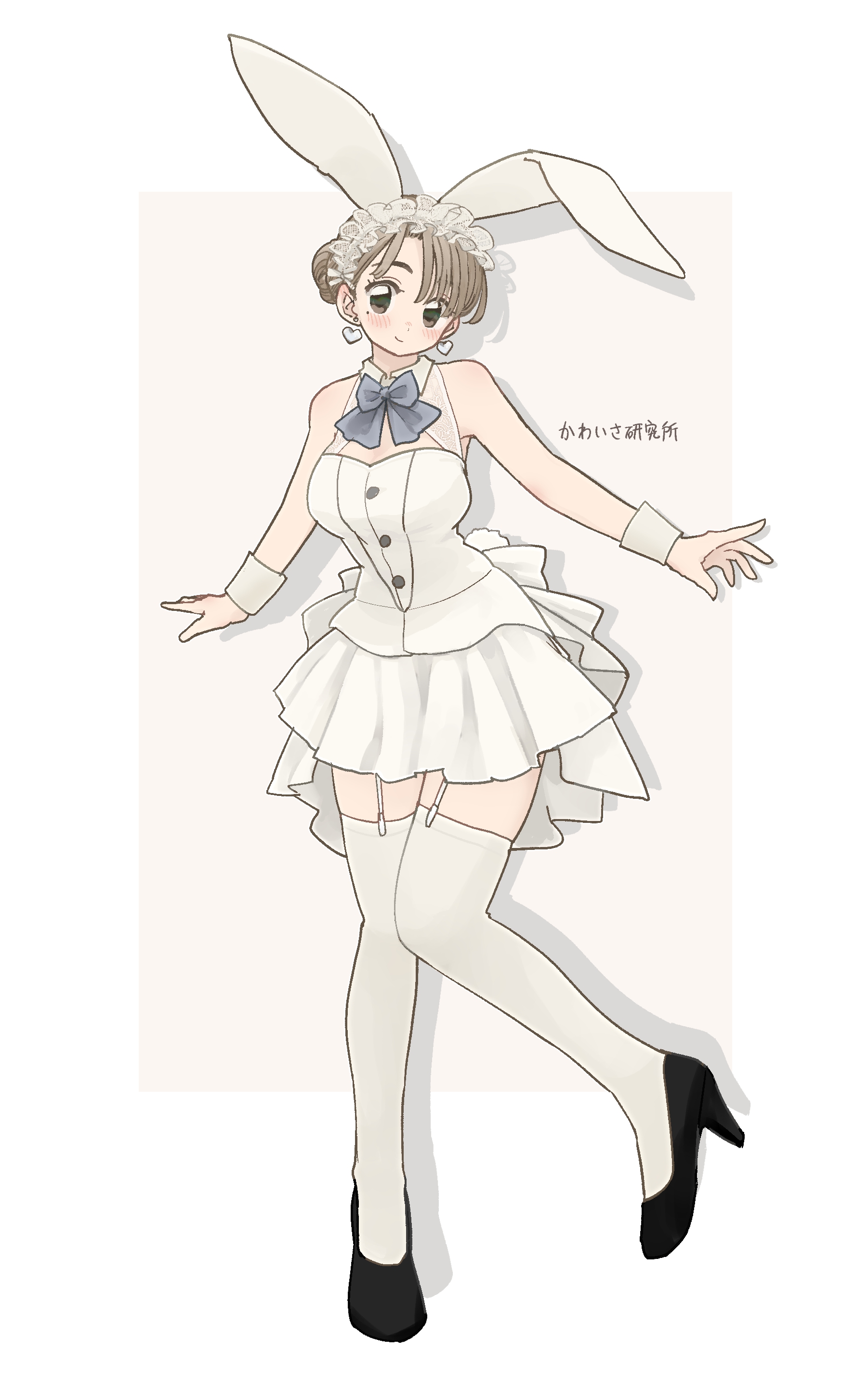 azumaya toushirou, original, absurdres, commentary request, highres, translation request, 1girl, animal ears, blonde hair, blue bow, blue bowtie, border, bow, bowtie, breasts, brown eyes, dress, earrings, fake animal ears, full body, heart, heart earrings, high-low dress, high heels, jewelry, looking at viewer, outside border, rabbit ears, standing, standing on one leg, thighhighs, white border, white dress, white thighhighs, white wrist cuffs, wrist cuffs