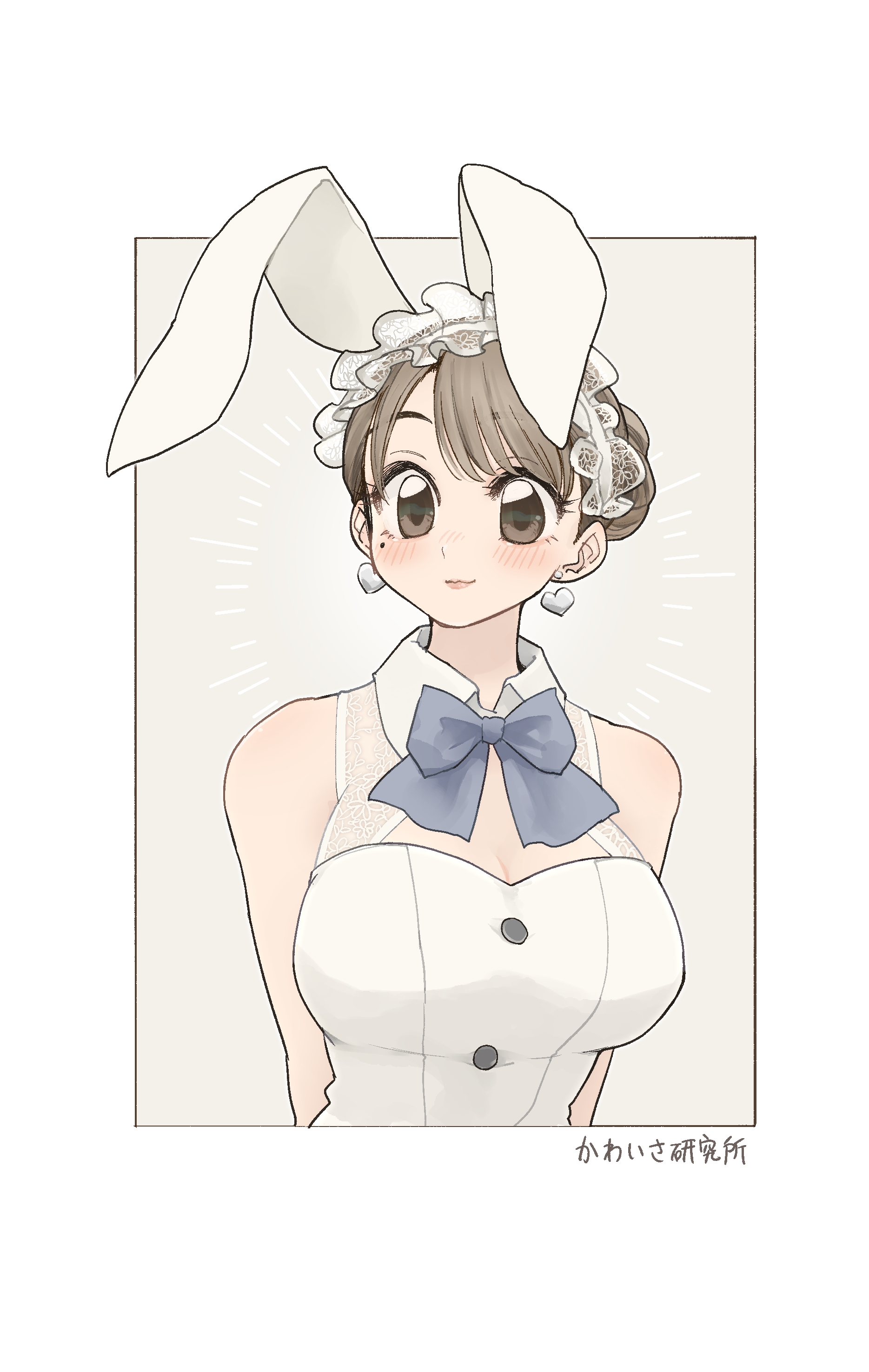 azumaya toushirou, original, absurdres, commentary request, highres, translation request, 1girl, animal ears, arms behind back, blonde hair, blue bow, blue bowtie, border, bow, bowtie, breasts, brown eyes, earrings, fake animal ears, heart, heart earrings, jewelry, looking at viewer, outside border, rabbit ears, solo, upper body, white border