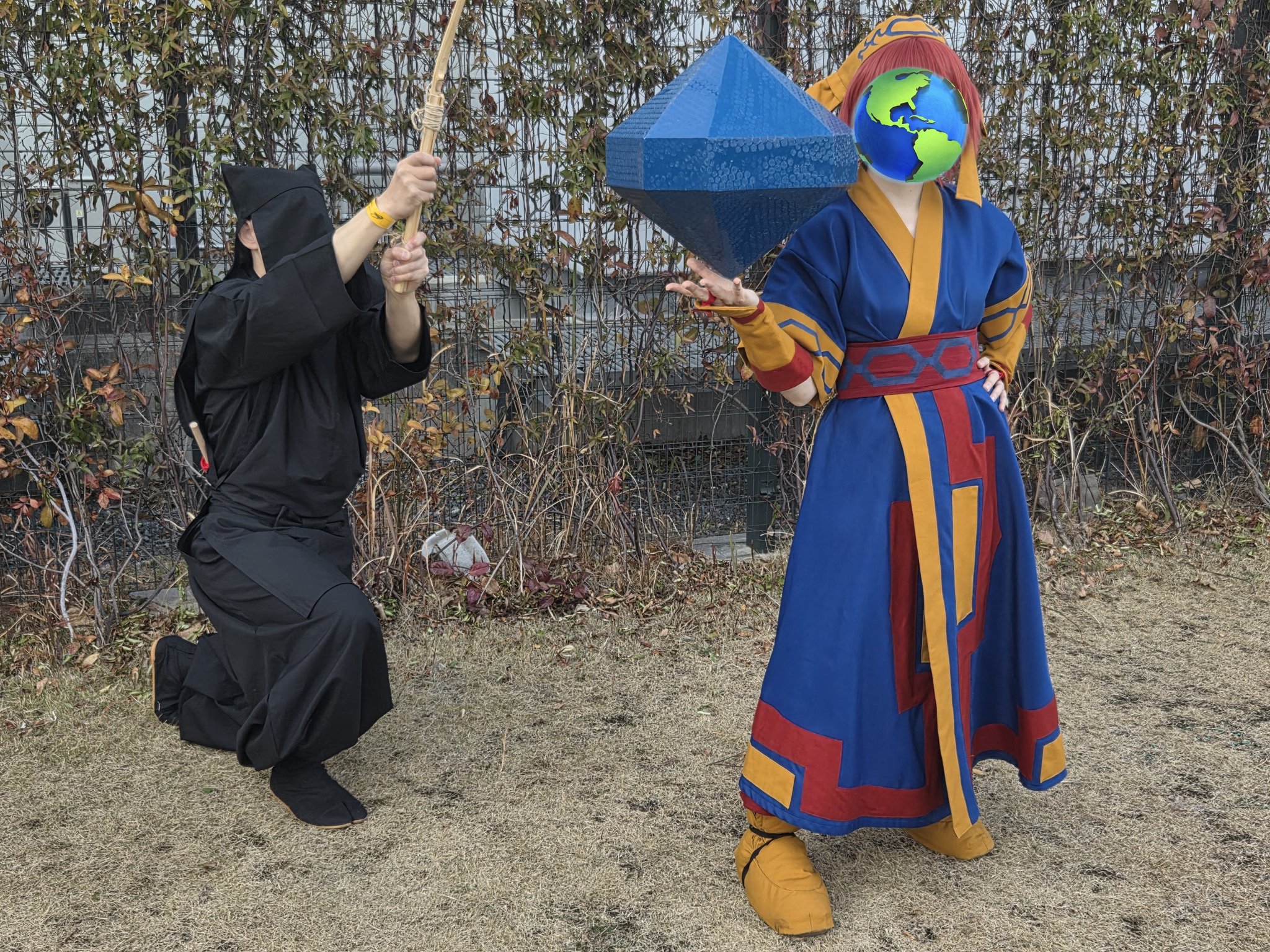 konril, rimururu, samurai spirits, snk, highres, 1boy, 1girl, ainu clothes, asian, breasts, brown hair, censored, censored identity, cosplay, fingerless gloves, gloves, hair ribbon, hand on own hip, ice, japanese (nationality), japanese clothes, kneeling, legs, ribbon, short hair, small breasts, thighs