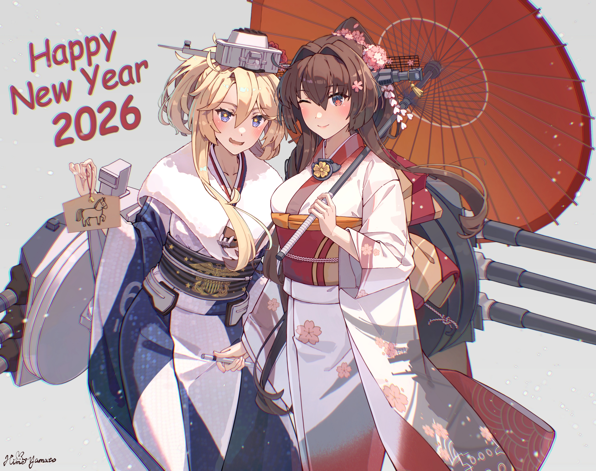 himeyamato, iowa (kancolle), iowa (new year) (kancolle), yamato (kancolle), yamato (new year) (kancolle), kantai collection, highres, 2026, 2girls, adapted turret, blonde hair, blue eyes, blue kimono, blush, breasts, brown eyes, brown hair, floral print, flower, fur trim, furisode, hair between eyes, hair flower, hair ornament, happy new year, japanese clothes, kimono, long hair, looking at viewer, multiple girls, new year, obi, official alternate costume, oil-paper umbrella, open mouth, pink kimono, ponytail, sash, smile, star-shaped pupils, star (symbol), symbol-shaped pupils, umbrella, white kimono, wide sleeves