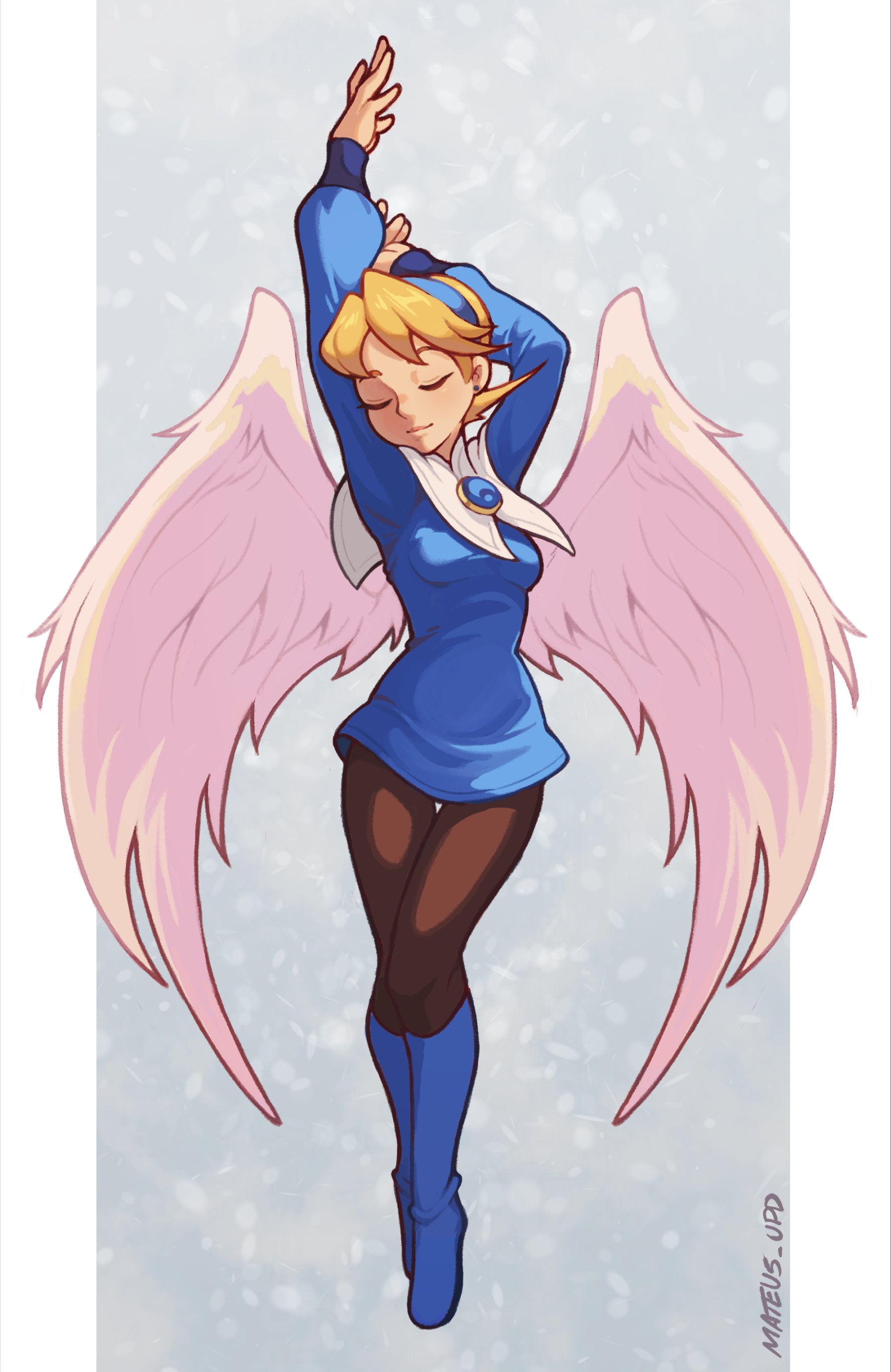 mateus upd, nina (breath of fire iv), breath of fire, breath of fire iv, absurdres, commentary, english commentary, highres, 1girl, amulet, arm up, artist name, black pantyhose, blonde hair, blue dress, blue hairband, blue shirt, border, breasts, closed eyes, closed mouth, dress, feathered wings, grey background, hairband, medium breasts, medium hair, pantyhose, shirt, smile, solo, white border, wings