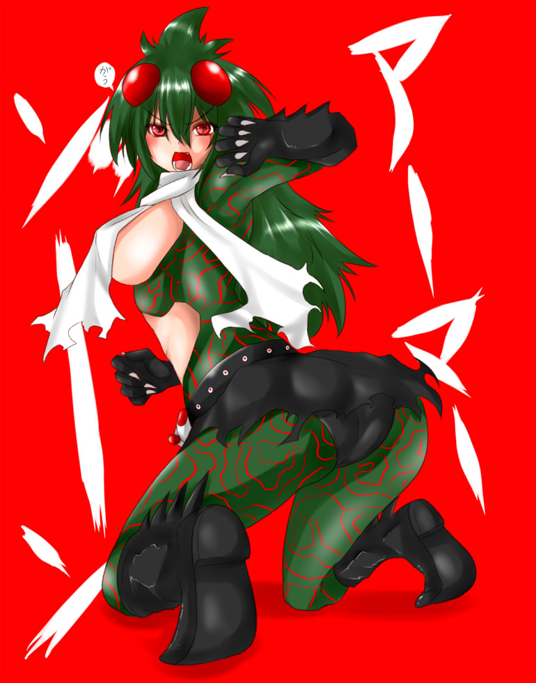 isna (footprintsofisna), kamen rider amazon, kamen rider, kamen rider amazon (series), 1girl, ass, belt, bodysuit, boots, female focus, from behind, gloves, green hair, open mouth, red eyes, scarf, skirt, solo