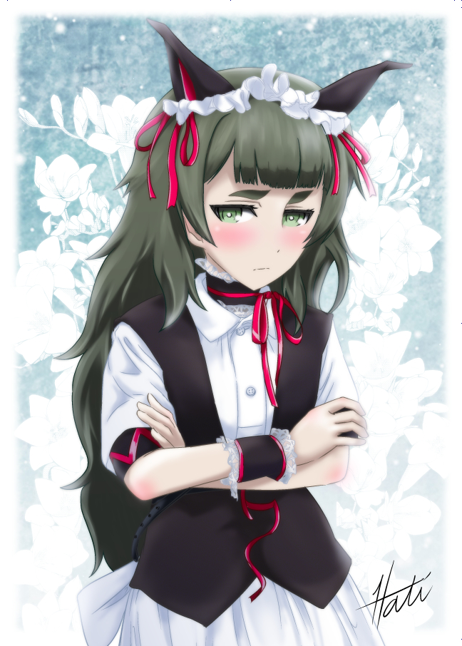 hiyajou maho, science adventure, steins;gate, steins;gate 0, commentary request, 1girl, animal ears, blush, cat ears, crossed arms, fake animal ears, frown, green eyes, lokis-hati, long hair, looking at viewer, maid headdress, mayqueen maid uniform, puffy sleeves, ribbon, ribbon-trimmed collar, ribbon-trimmed corset, ribbon-trimmed hairband, ribbon trim, short sleeves, signature, solo
