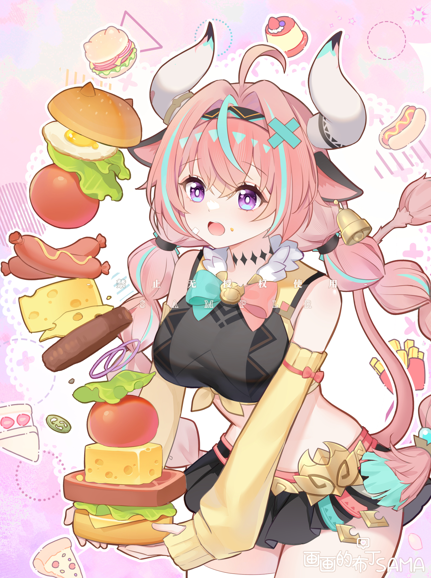 laaaaaaaa, varesa (genshin impact), genshin impact, commentary request, highres, 1girl, ahoge, animal ears, aqua hair, bell, black skirt, braid, breasts, bright pupils, burger, cheese, cow ears, cow girl, cow horns, cow tail, cowbell, cowboy shot, detached sleeves, food, fried egg, hairband, holding, holding burger, holding food, horns, hot dog, large breasts, long hair, multicolored hair, open mouth, pink hair, purple eyes, single thighhigh, skirt, sleeves past wrists, solo, stomach, streaked hair, tail, thighhighs, tomato, too much burger, too much food, twin braids, yellow sleeves