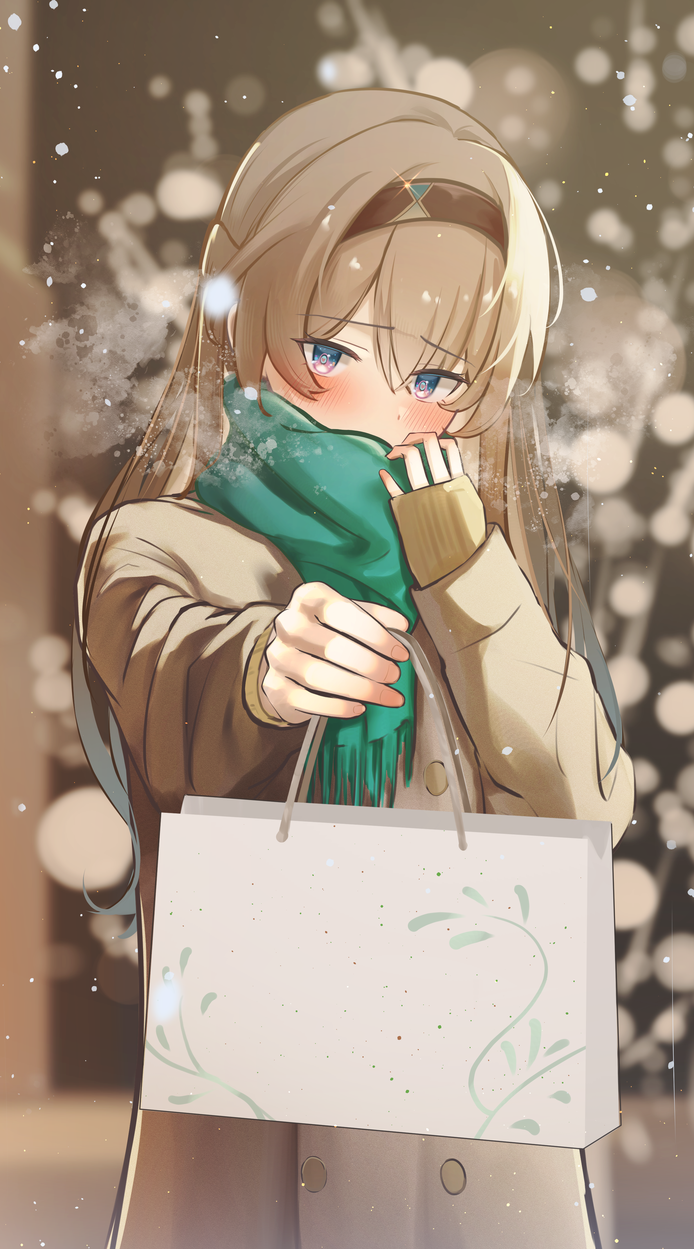 memeiradesuyo, firefly (honkai: star rail), honkai: star rail, honkai (series), absurdres, commentary request, highres, 1girl, bag, black hairband, brown coat, coat, giving, green scarf, grey hair, hair between eyes, hairband, long hair, long sleeves, looking at viewer, outstretched arm, scarf, shopping bag, snowing, solo, winter