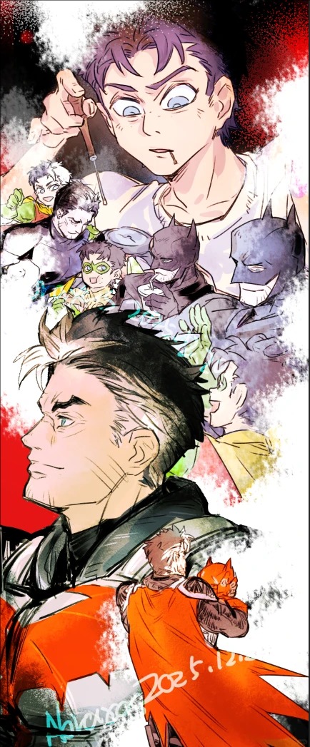 batman, bruce wayne, jason todd, red hood (dc), batman (series), dc comics, chinese commentary, commentary request, abraxas, aged up, bat signal, batman symbol, black bodysuit, black hair, bodysuit, domino mask, eye mask, gloves, grey bodysuit, male focus, mask, multicolored bodysuit, multiple boys, multiple persona, muscular