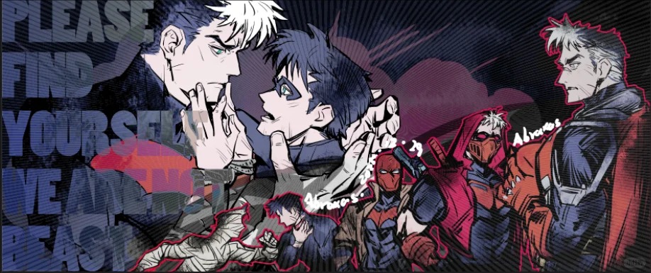 batman, jason todd, red hood (dc), robin (dc), batman (series), dc comics, red hood and the outlaws, chinese commentary, commentary request, abraxas, aged up, bat signal, batman symbol, belt, black bodysuit, black hair, bodysuit, brown jacket, domino mask, evolution, eye mask, gloves, grey bodysuit, jacket, male focus, mask, multicolored bodysuit, multiple boys, muscular, muscular male, open clothes, pants, red mask, short hair, superhero costume, taut bodysuit, two-tone bodysuit, utility belt