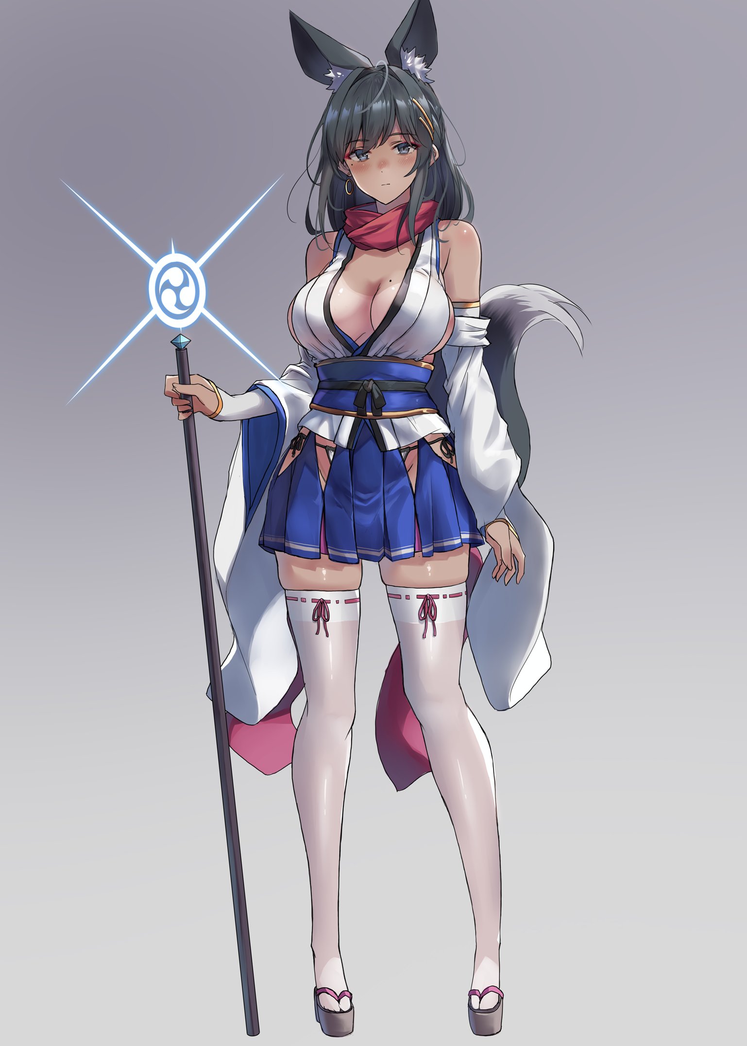 sawaya (mizukazu), original, commentary request, highres, 1girl, animal ear fluff, animal ears, black hair, blue skirt, breasts, cleavage, clothing cutout, detached sleeves, earrings, extra ears, fox ears, fox tail, full body, geta, gradient background, hair ornament, hairclip, hakama, hakama short skirt, hakama skirt, hip vent, holding, holding staff, holding weapon, japanese clothes, jewelry, mole, mole on breast, mole under eye, nontraditional miko, obi, obijime, panties, parallel hairclips, pleated skirt, red scarf, revealing clothes, ribbon-trimmed thighhighs, ribbon trim, sash, scarf, side-tie panties, sideboob, single earring, skirt, solo, staff, tail, thighhighs, tomoe (symbol), underwear, weapon, white sleeves, white thighhighs