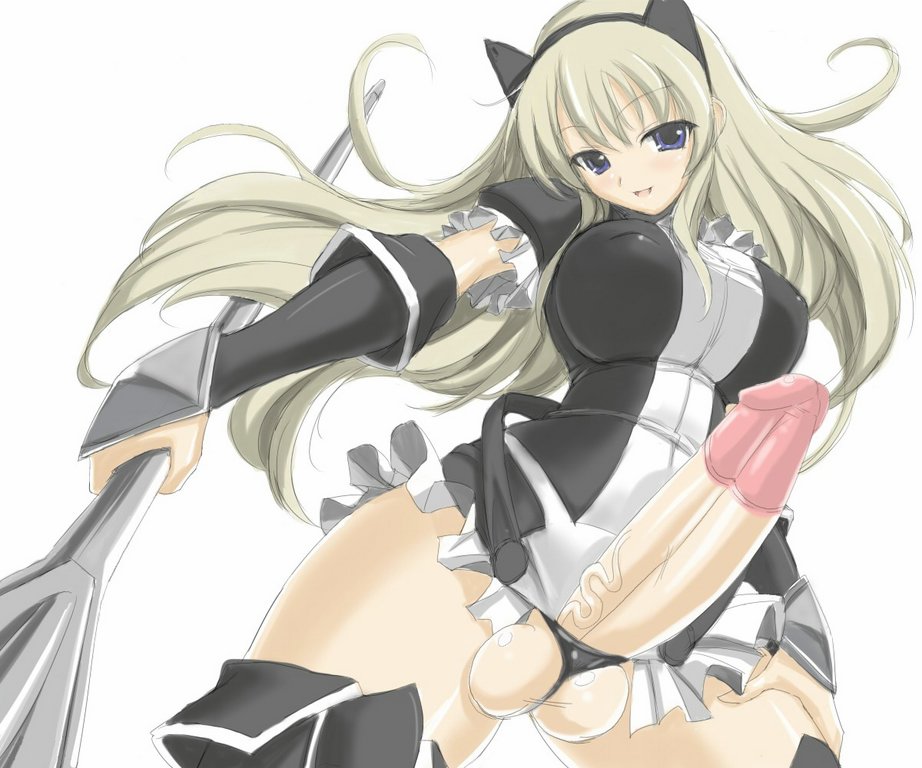 fanatic fetish, fatina (druaga), babylonian castle saga, bandai namco, druaga no tou, 1futa, blonde hair, breasts, dress, futanari, huge penis, long hair, panties, penis, solo, testicles, thighhighs, underwear, white background
