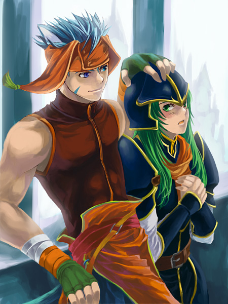 kaito (sawayakasawaday), nephenee (fire emblem), ranulf (fire emblem), fire emblem, fire emblem: radiant dawn, nintendo, bad tag, bad id, bad pixiv id, 1boy, 1girl, animal ears, armor, belt, blue armor, blue eyes, blue hair, blush, cat ears, cat tail, embarrassed, facial mark, fingerless gloves, gloves, green eyes, green hair, headpat, helmet, long hair, muscular, neckerchief, open mouth, short hair, shy, smile, tail