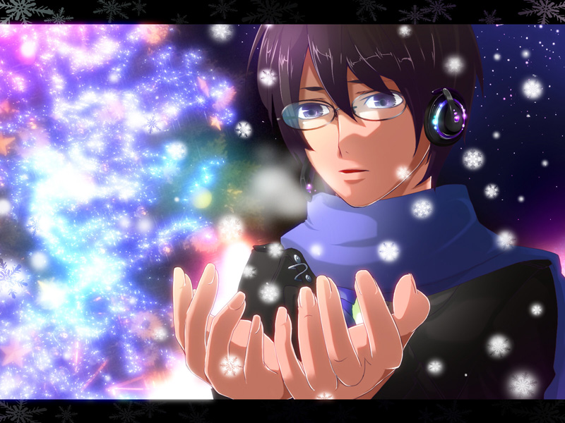 minato usagi, hiyama kiyoteru, kaito (vocaloid), vocaloid, bad id, bad pixiv id, md5 mismatch, 1boy, bespectacled, black hair, blue eyes, blue scarf, cosplay, glasses, headphones, headset, kaito (cosplay), letterboxed, male focus, scarf, snow, solo, upper body