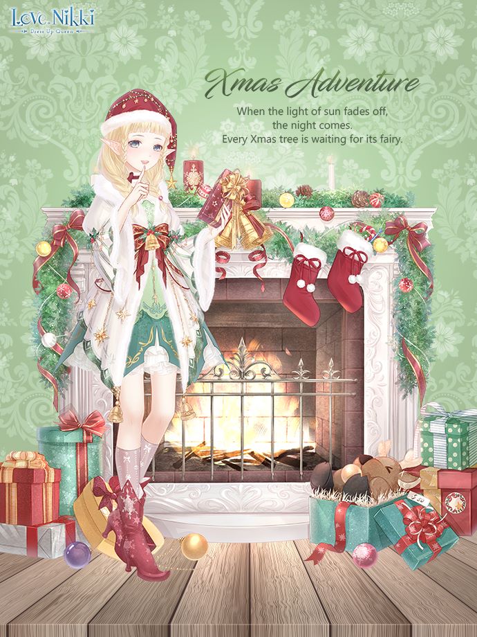 christmas adventure (miracle nikki), miracle nikki, nikki (series), artist request, official art, third-party source, 1girl, bell, blonde hair, blue eyes, boots, bow, braid, character name, christmas, christmas ornaments, christmas stocking, copyright name, dot nose, dress, elf, english text, finger to mouth, fire, fireplace, frilled skirt, frills, full body, fur-trimmed headwear, fur-trimmed robe, fur-trimmed sleeves, fur trim, gift, green dress, grey shirt, hair over shoulder, happy, hat, hat ornament, hexagram, high heel boots, high heels, holding, holding gift, holly, indoors, kneehighs, knees, light blush, long hair, long sleeves, looking at viewer, nutcracker, open mouth, pointy boots, pointy ears, price tag, print boots, print robe, print socks, red boots, red bow, red hat, robe, santa hat, shirt, short dress, skirt, skirt under dress, sleeve garter, smile, snowflake print, socks, solo, standing, star (symbol), star hat ornament, star print, striped bow, striped clothes, striped socks, stuffed animal, stuffed reindeer, stuffed toy, tareme, teeth, tinsel, twin braids, upper teeth only, vertical-striped clothes, vertical-striped socks, white robe, white skirt, wide sleeves, wooden floor