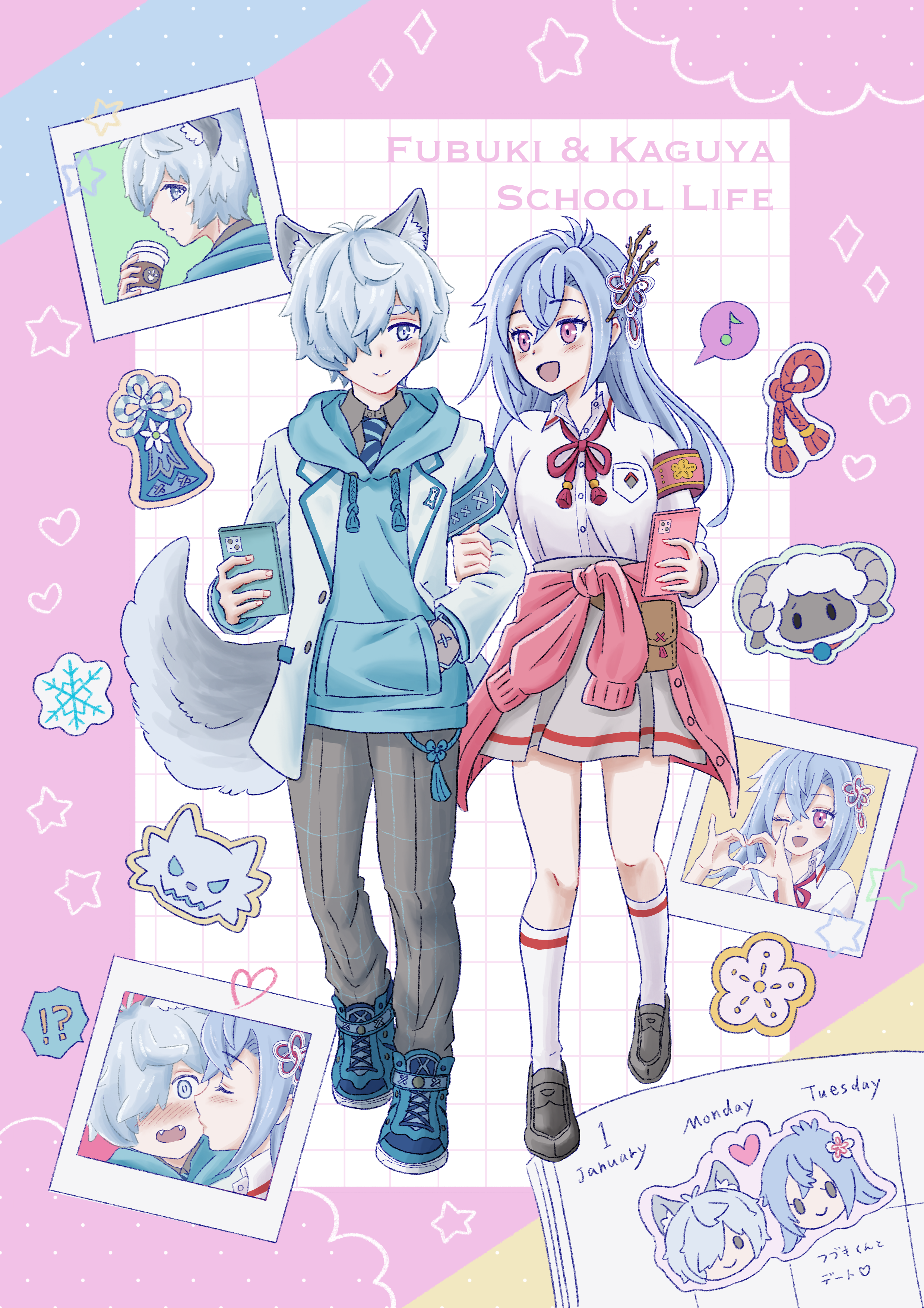 conachun, kaguya (rune factory), rune factory, rune factory: guardians of azuma, absurdres, commentary request, highres, 1boy, 1girl, animal ears, arm hug, blue hair, border, cellphone, character name, clothes around waist, fubuki (rune factory), full body, grey pants, hetero, holding, holding phone, kiss, pants, phone, photo (object), pink border, shirt, shoes, skirt, smartphone, sneakers, speech bubble, sweater, sweater around waist, tail, white shirt, white skirt, wolf boy, wolf ears, wolf tail