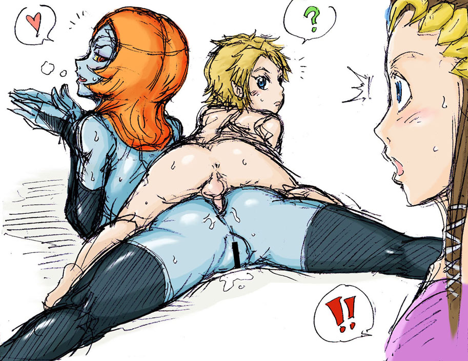 kurita, link, midna, midna (true), princess zelda, young link, nintendo, the legend of zelda, the legend of zelda: twilight princess, spoilers, !, !!, 1boy, 2girls, ?, anal, anus, ass, blonde hair, blue eyes, brown hair, caught, censored, cum, heart, hetero, long hair, looking back, lying, multiple girls, on stomach, orange hair, penis, prone bone, pussy, sex, sex from behind, short hair, shota, simple background, small penis, spoken exclamation mark, spoken heart, spoken question mark, spread legs, testicles, thighhighs, white background