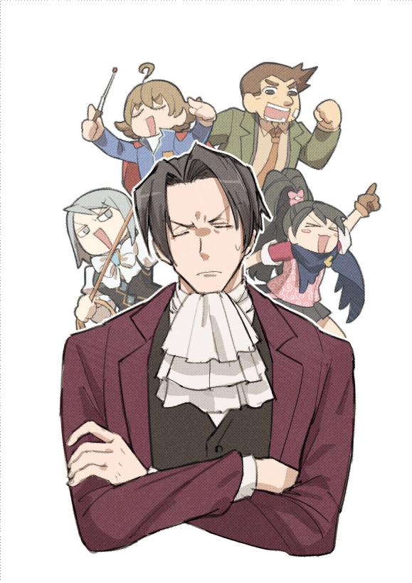 hinata (echoloveloli), dick gumshoe, eustace winner, franziska von karma, kay faraday, miles edgeworth, ace attorney, ace attorney investigations, ace attorney investigations: miles edgeworth, ace attorney investigations 2: prosecutor's gambit, commentary request, > <, 2girls, 3boys, ahoge, annoyed, ascot, blush stickers, cape, closed mouth, coat, green coat, grey eyes, grey hair, holding, holding whip, jacket, multiple boys, multiple girls, necktie, open mouth, pointing, pointing up, red cape, red jacket, short hair, white ascot