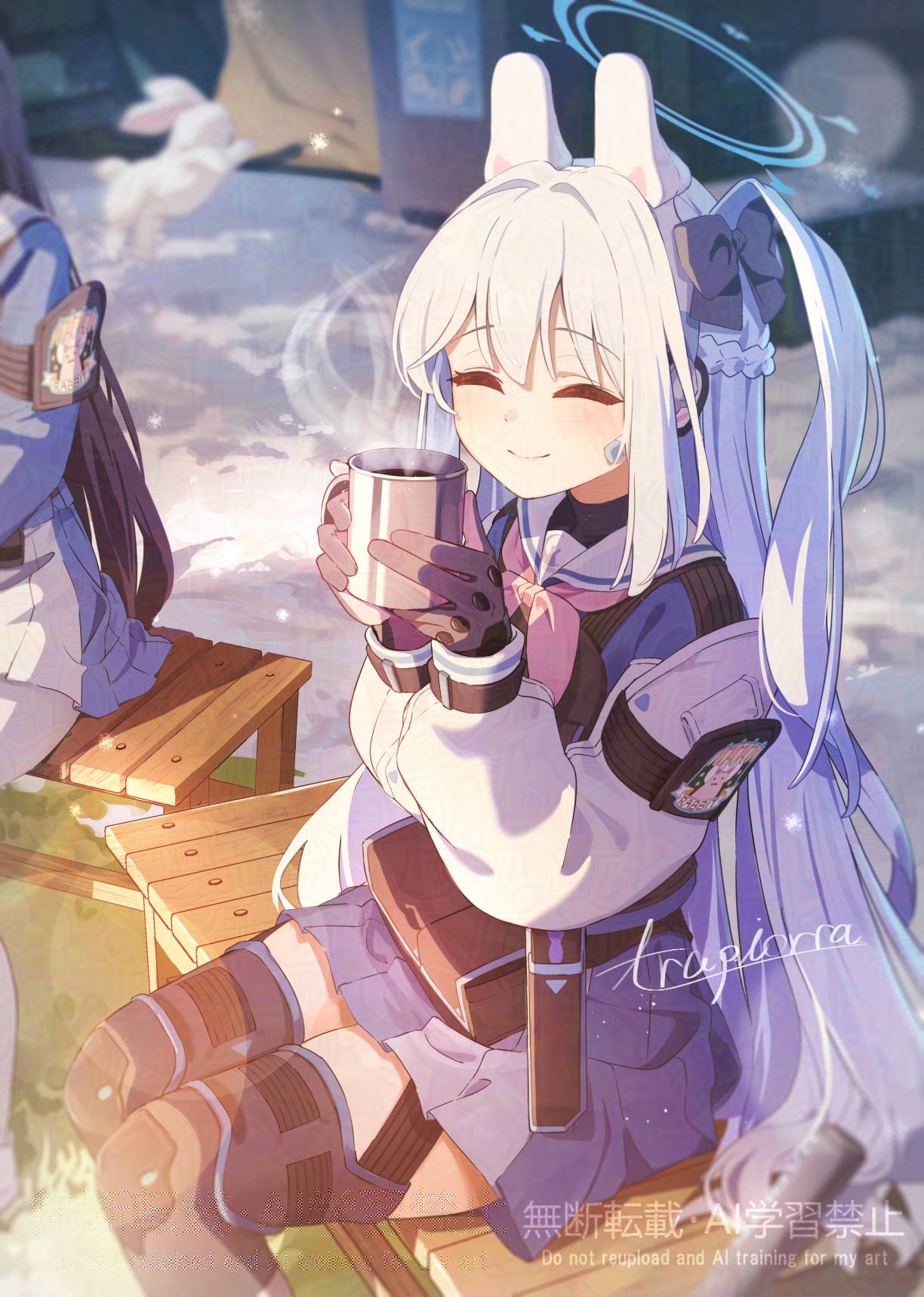 hamanashi (trapiorra), miyako (blue archive), miyu (blue archive), blue archive, adversarial noise, commentary, highres, 2girls, animal ear headphones, animal ears, bench, black bow, black gloves, blue halo, blue skirt, bow, braid, closed eyes, cup, fake animal ears, feet out of frame, gloves, hair bow, hair intakes, half up braid, halo, hands up, headphones, holding, holding cup, knee pads, knife sheath, long hair, long sleeves, multicolored gloves, multiple girls, neckerchief, on bench, one side up, out of frame, outdoors, pink gloves, pink neckerchief, pleated skirt, pouch, pyonko (blue archive), rabbit ear headphones, rabbit ears, sailor collar, school uniform, serafuku, sheath, signature, sitting, skirt, smile, snow, solo focus, steaming cup, tactical school uniform, two-tone gloves, very long hair, white hair, white rabbit (animal), white sailor collar, wooden bench
