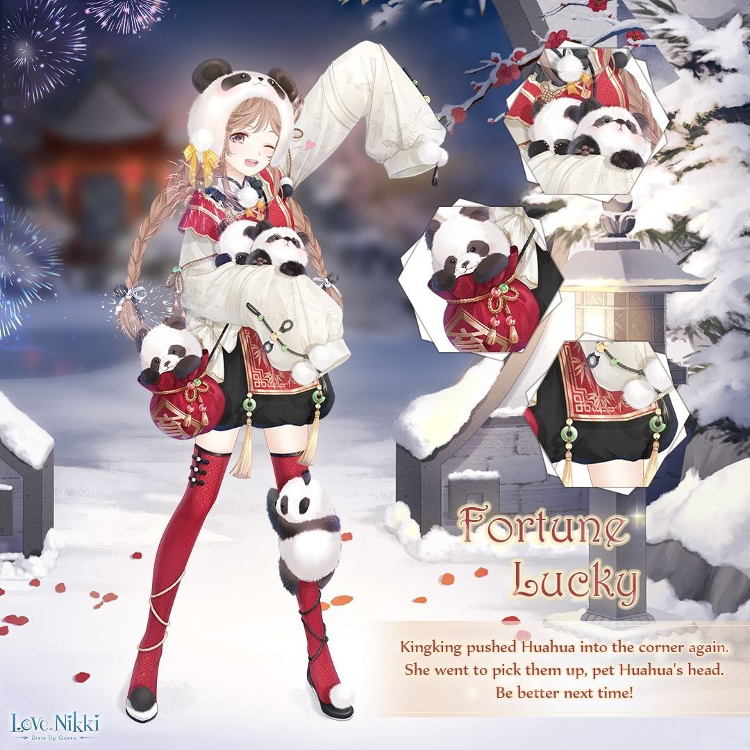 miracle nikki, nikki (series), artist request, official art, third-party source, 1girl, aerial fireworks, animal, animal ear headwear, animal ears, arch, architecture, arm up, baby animal, bag, beanie, black ribbon, black shoes, black skirt, bow, braid, brown eyes, brown hair, character name, chinese clothes, chinese new year, chubby lucky (miracle nikki), close-up, copyright logo, dot nose, earflap beanie, east asian architecture, english text, fake animal ears, fireworks, flats, full body, garden, hair half over shoulder, hair ribbon, happy, hat, hat bow, holding, holding animal, jade (gemstone), light blush, logo, long hair, long sleeves, looking at viewer, low twin braids, miniskirt, mismatched shoes, night, one eye closed, open mouth, outdoors, outline, panda, panda cub, panda ears, panda hat, pavilion, pine tree, pleated skirt, pom pom hat ornament, pond, puffy long sleeves, puffy sleeves, red bag, red thighhighs, red vest, ribbon, shirt, shoes, shoulder bag, skirt, sleeves past fingers, sleeves past wrists, smile, solo, standing, stone lantern, tareme, tassel, teeth, thighhighs, tree, twin braids, two-tone ribbon, upper teeth only, vest, white hat, white outline, white ribbon, white shirt, white shoes, winter, yellow bow, zettai ryouiki